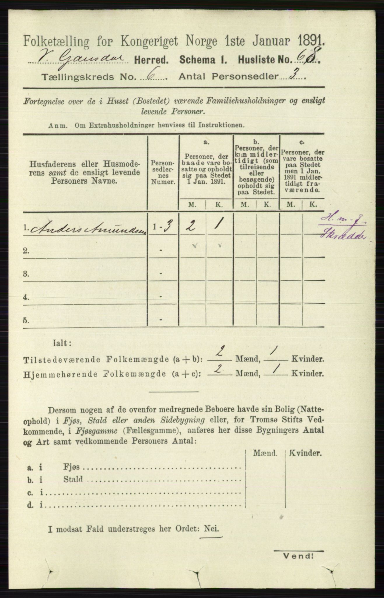 RA, 1891 census for 0523 Vestre Gausdal, 1891, p. 2547