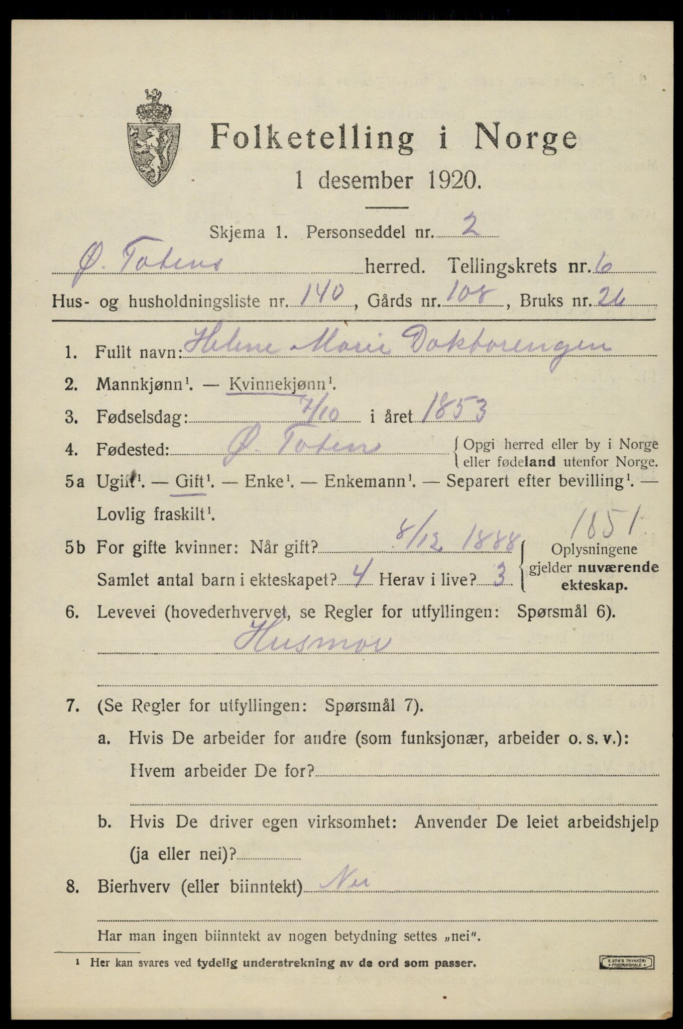 SAH, 1920 census for Østre Toten, 1920, p. 14764