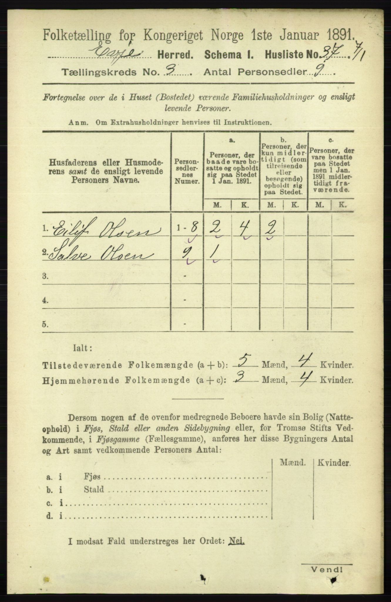 RA, 1891 census for 0937 Evje, 1891, p. 653