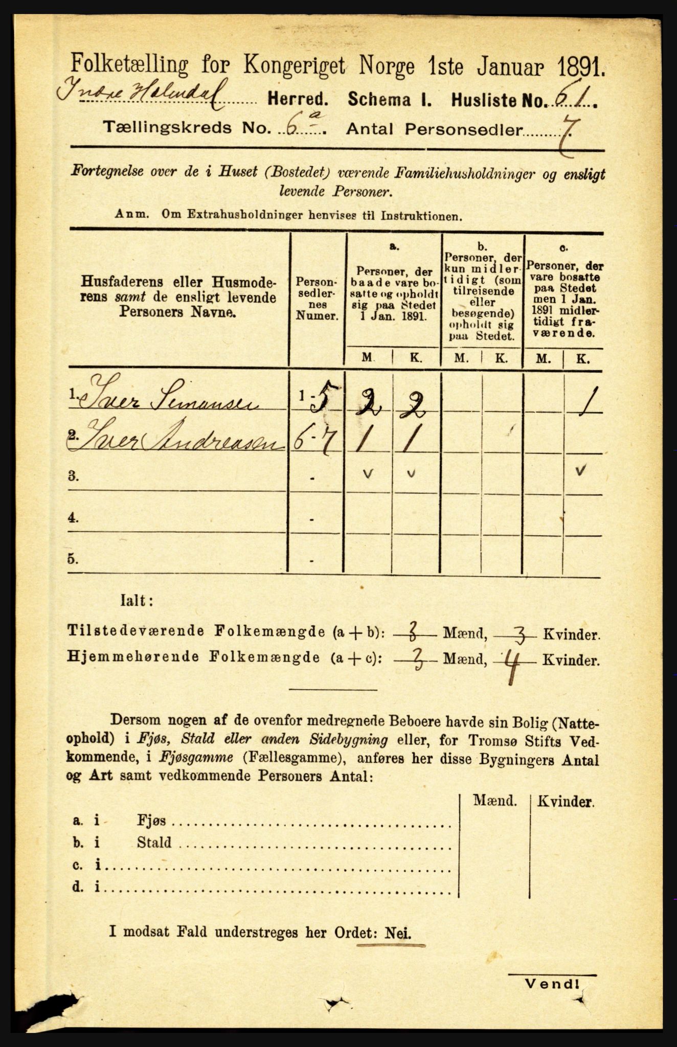 RA, 1891 census for 1430 Indre Holmedal, 1891, p. 2454