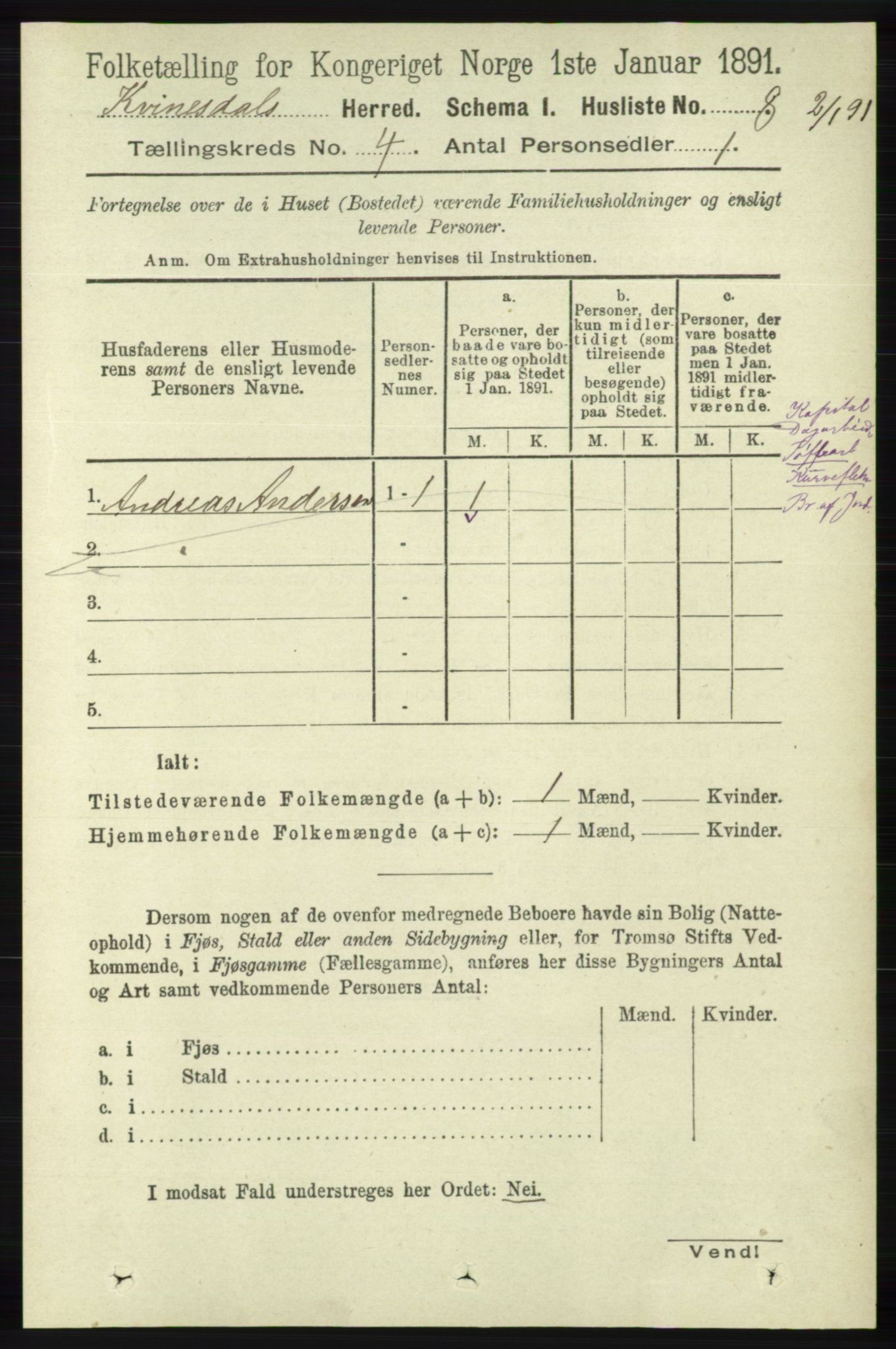 RA, 1891 census for 1037 Kvinesdal, 1891, p. 1401