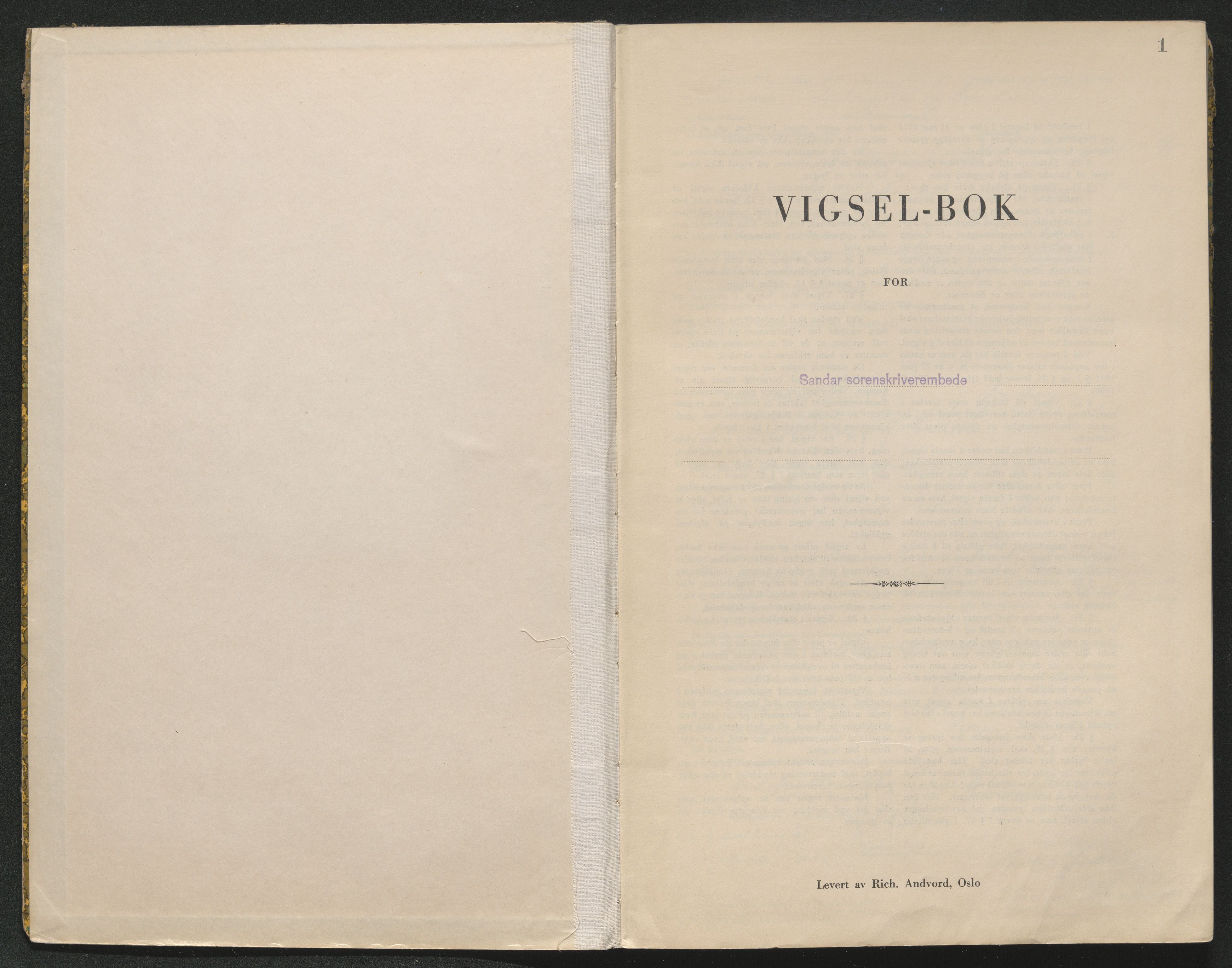 Sandar sorenskriveri, AV/SAKO-A-86/L/Lb/L0002: Vigselselbok, 1942-1943, p. 1