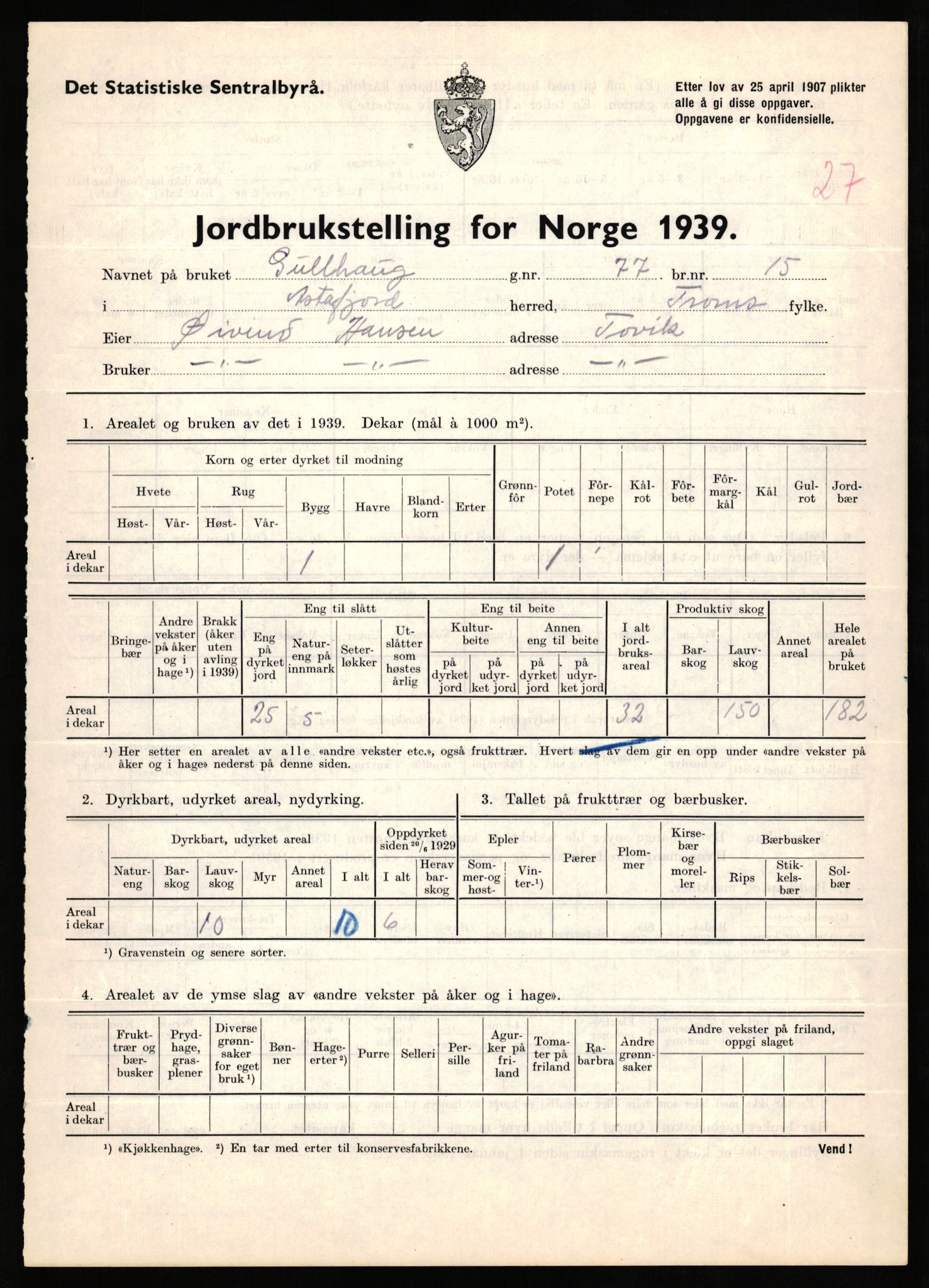 Statistisk sentralbyrå, Næringsøkonomiske emner, Jordbruk, skogbruk, jakt, fiske og fangst, AV/RA-S-2234/G/Gb/L0339: Troms: Andørja, Astafjord og Lavangen, 1939, p. 97