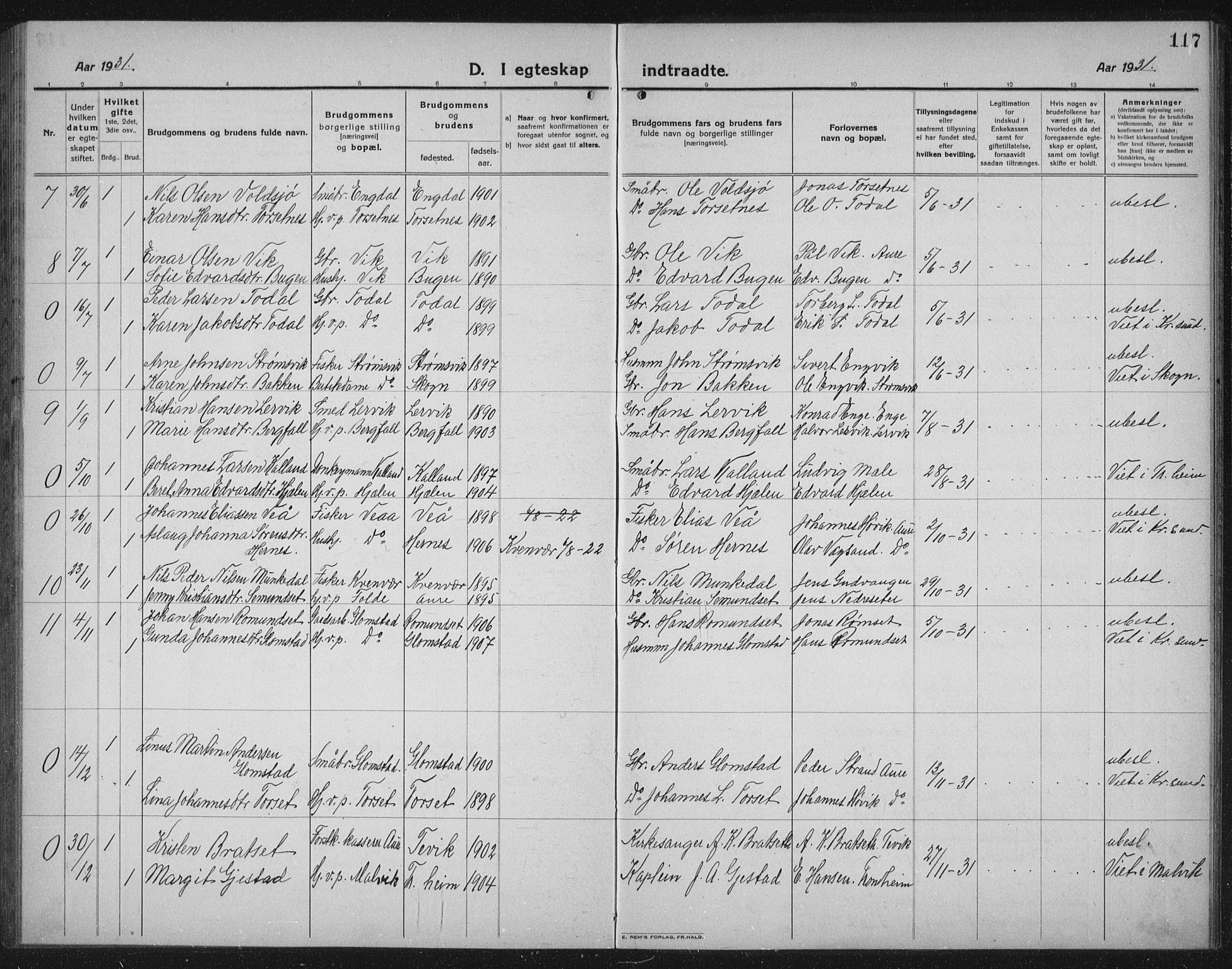 Ministerialprotokoller, klokkerbøker og fødselsregistre - Møre og Romsdal, AV/SAT-A-1454/578/L0911: Parish register (copy) no. 578C04, 1921-1940, p. 117