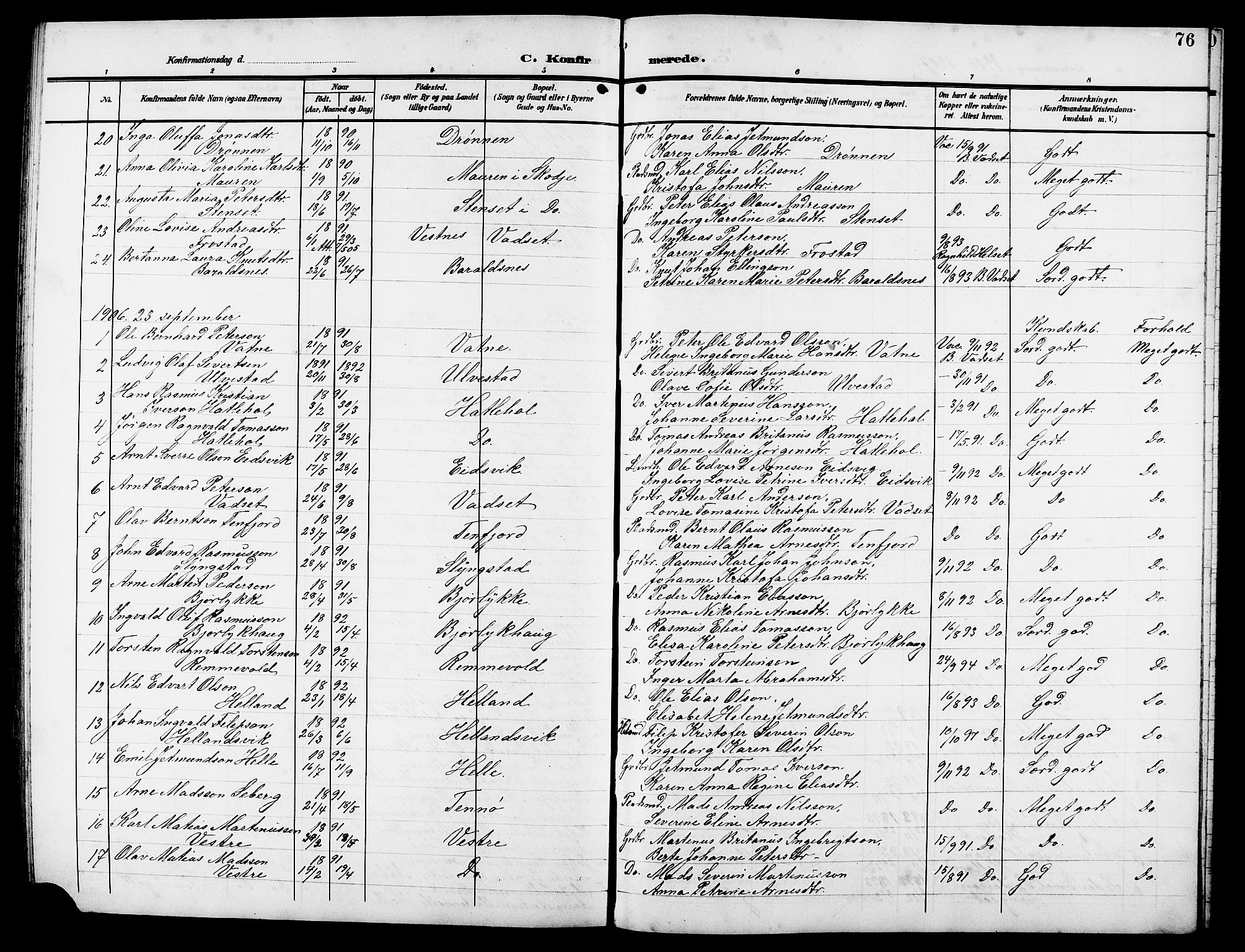 Ministerialprotokoller, klokkerbøker og fødselsregistre - Møre og Romsdal, AV/SAT-A-1454/525/L0377: Parish register (copy) no. 525C03, 1903-1917, p. 76