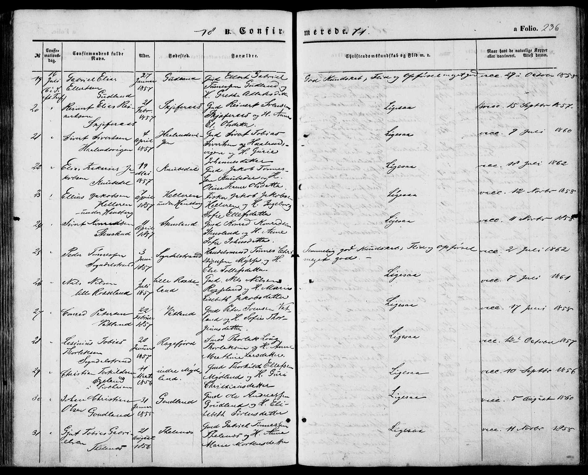 Sokndal sokneprestkontor, AV/SAST-A-101808: Parish register (official) no. A 9, 1857-1874, p. 236