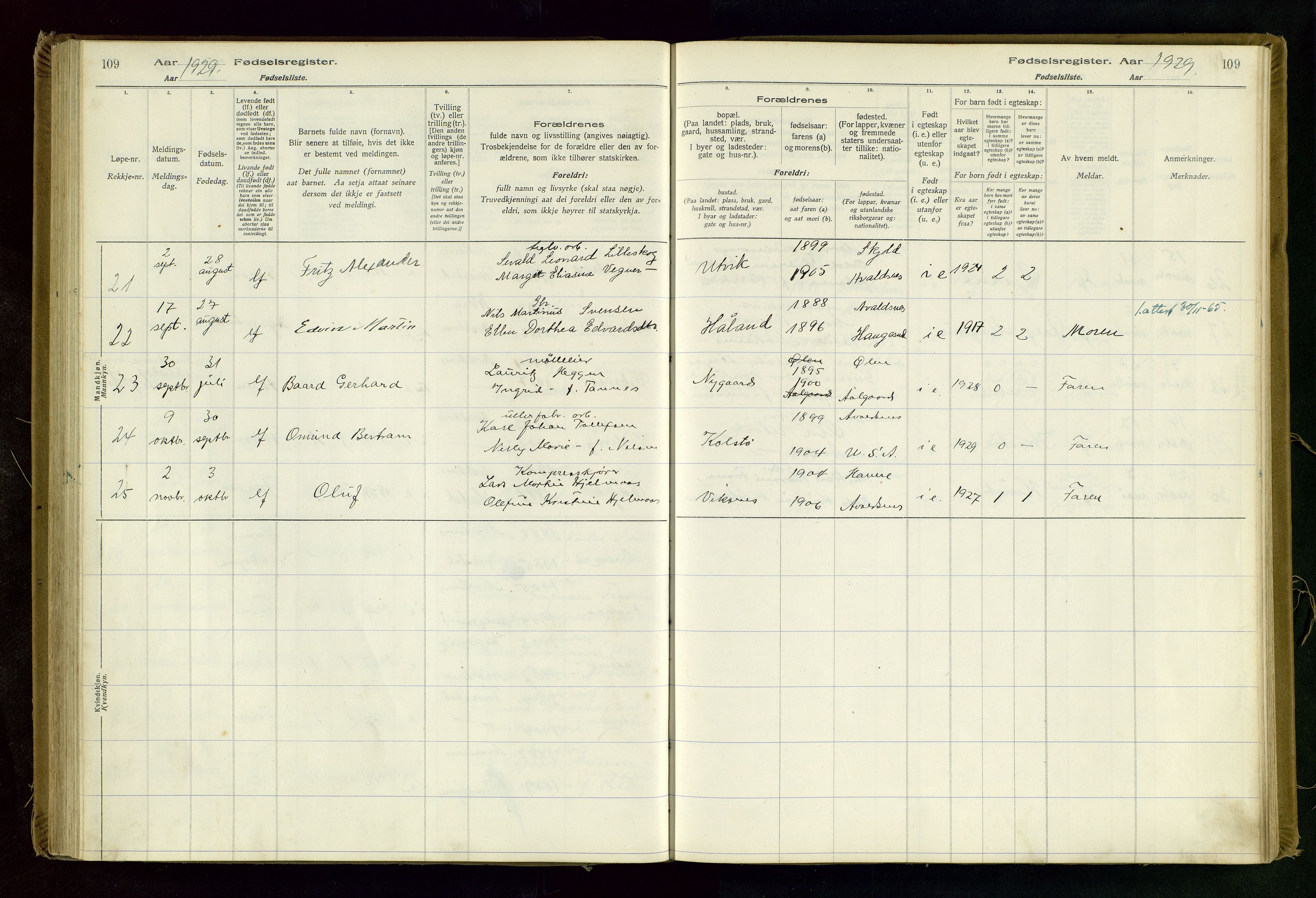 Avaldsnes sokneprestkontor, AV/SAST-A -101851/I/Id/L0001: Birth register no. 1, 1916-1946, p. 109