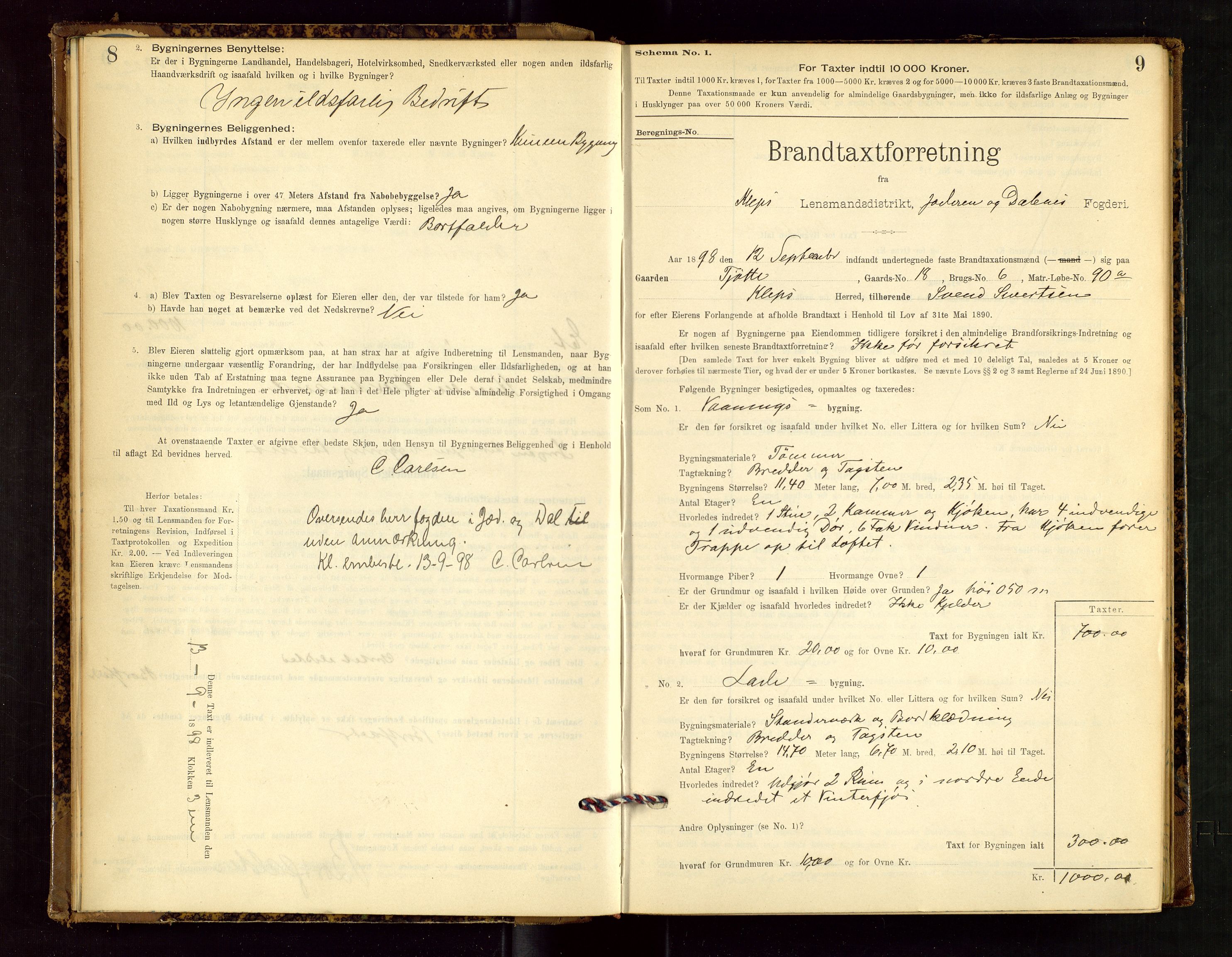 Klepp lensmannskontor, AV/SAST-A-100163/Goc/L0002: "Brandtaxationsprotokol" m/register, 1898-1902, p. 8-9