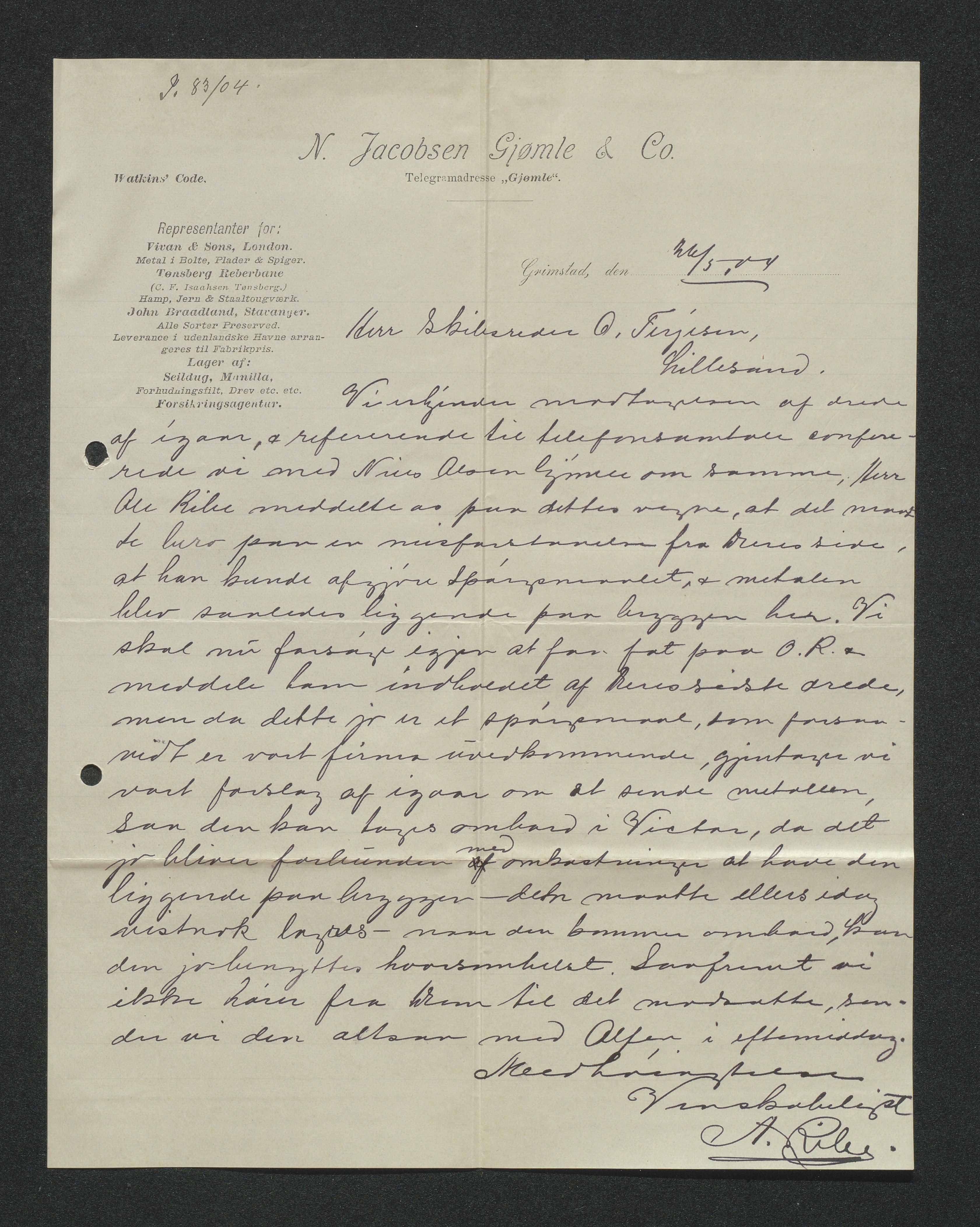 O. Terjesens rederi, AAKS/PA-2525/E/E01/L0013: Korrespondanse, 1904-1905