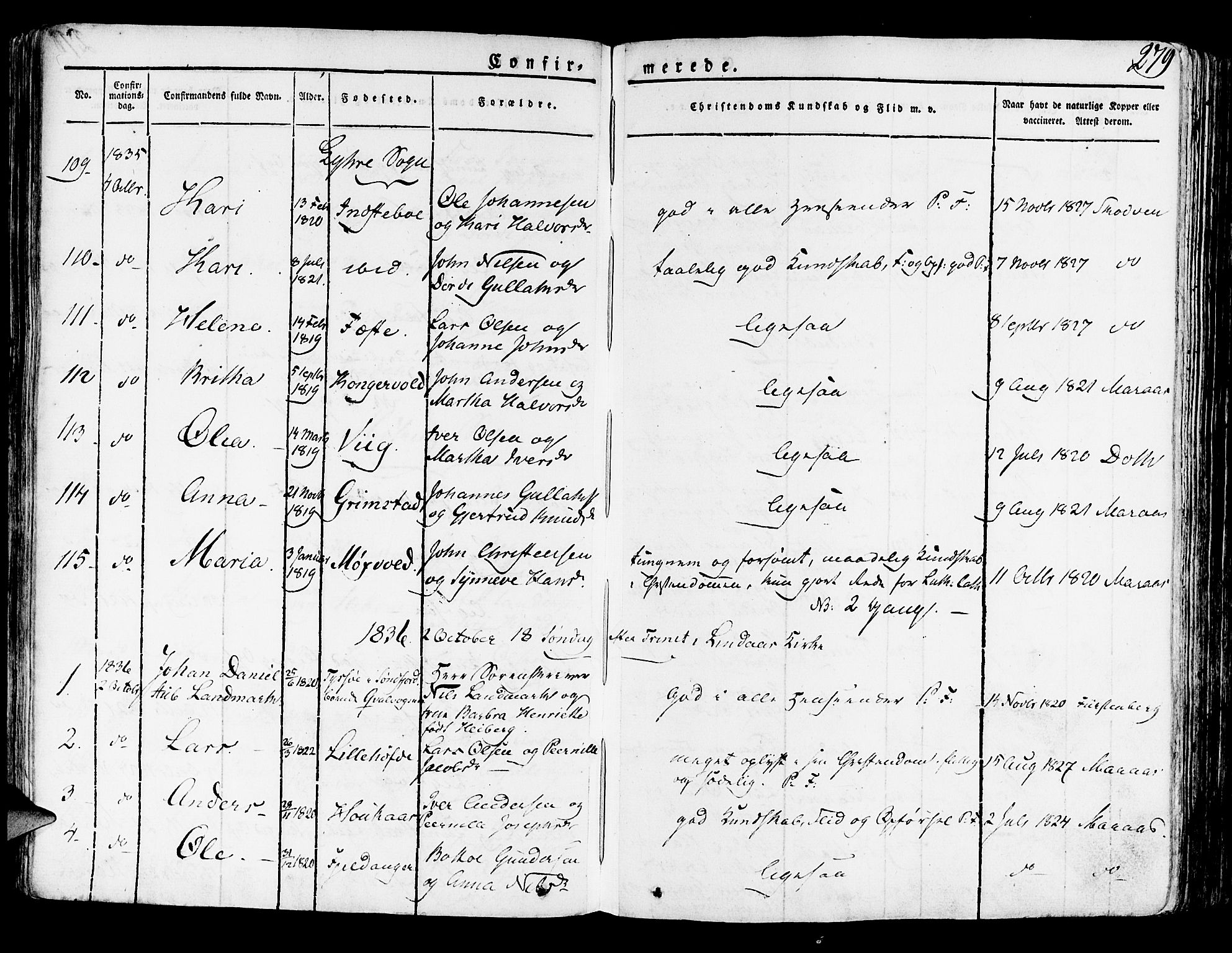 Lindås Sokneprestembete, SAB/A-76701/H/Haa: Parish register (official) no. A 8, 1823-1836, p. 279