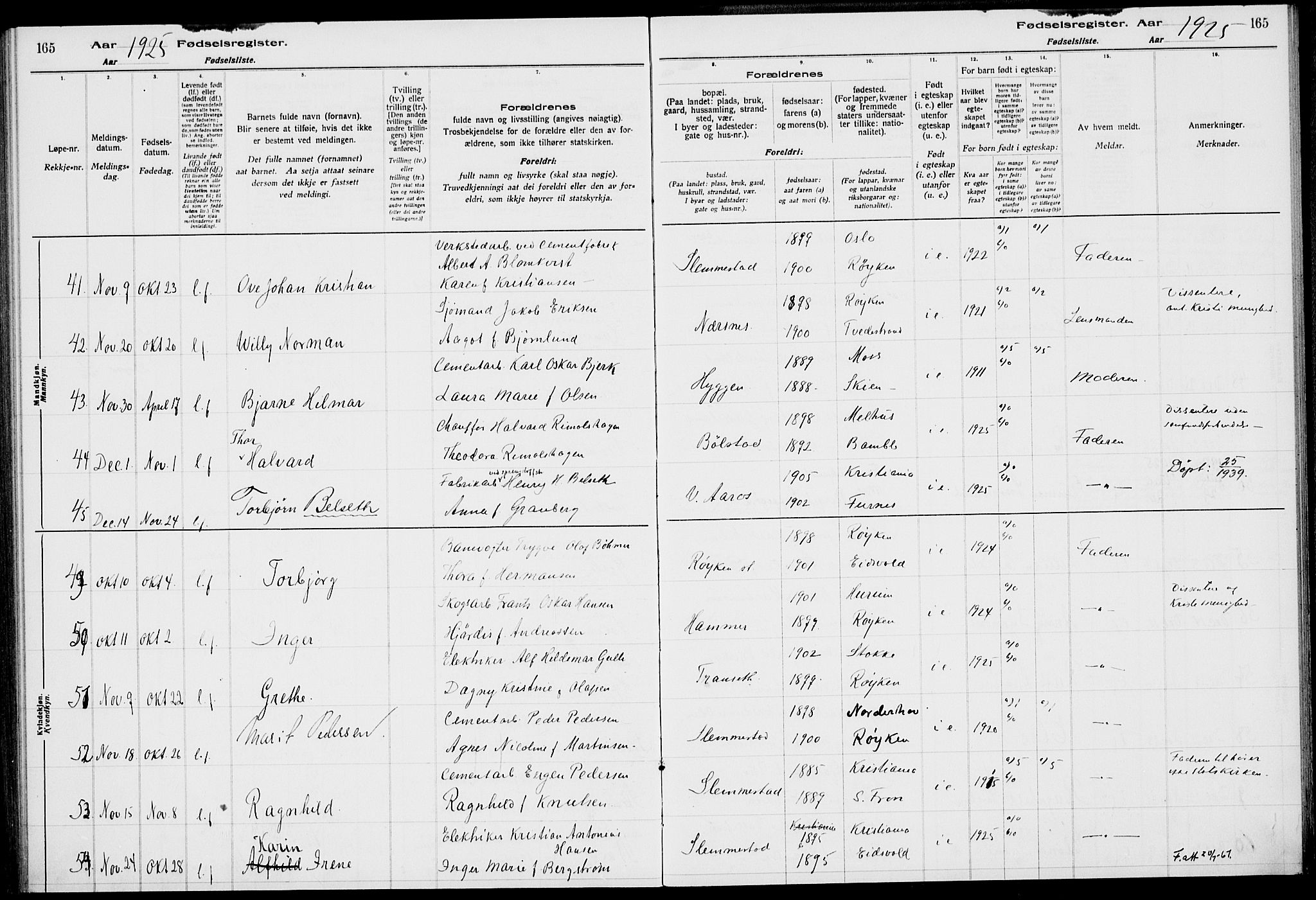 Røyken kirkebøker, SAKO/A-241/J/Ja/L0001: Birth register no. 1, 1916-1927, p. 165