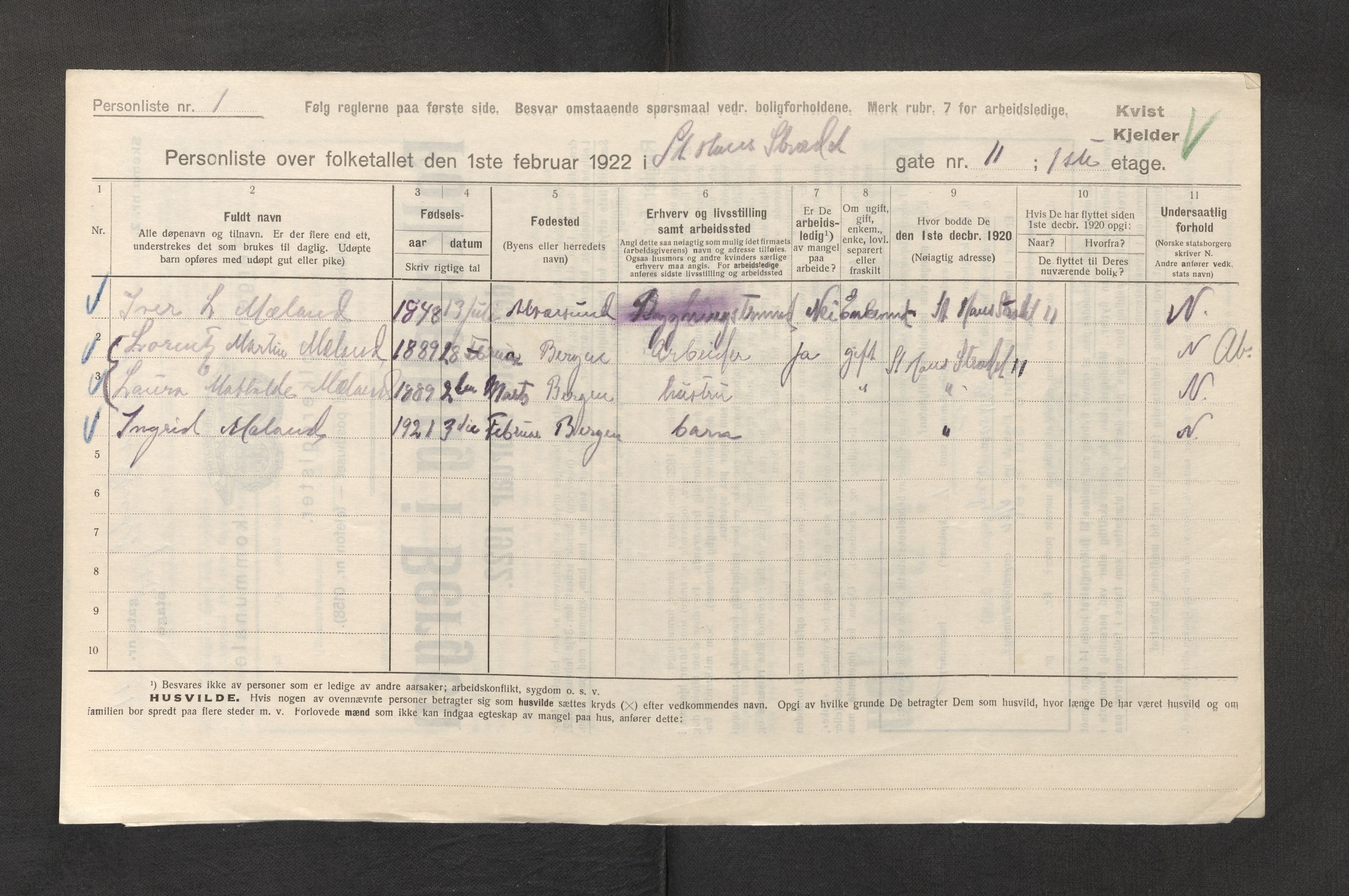 SAB, Municipal Census 1922 for Bergen, 1922, p. 35911