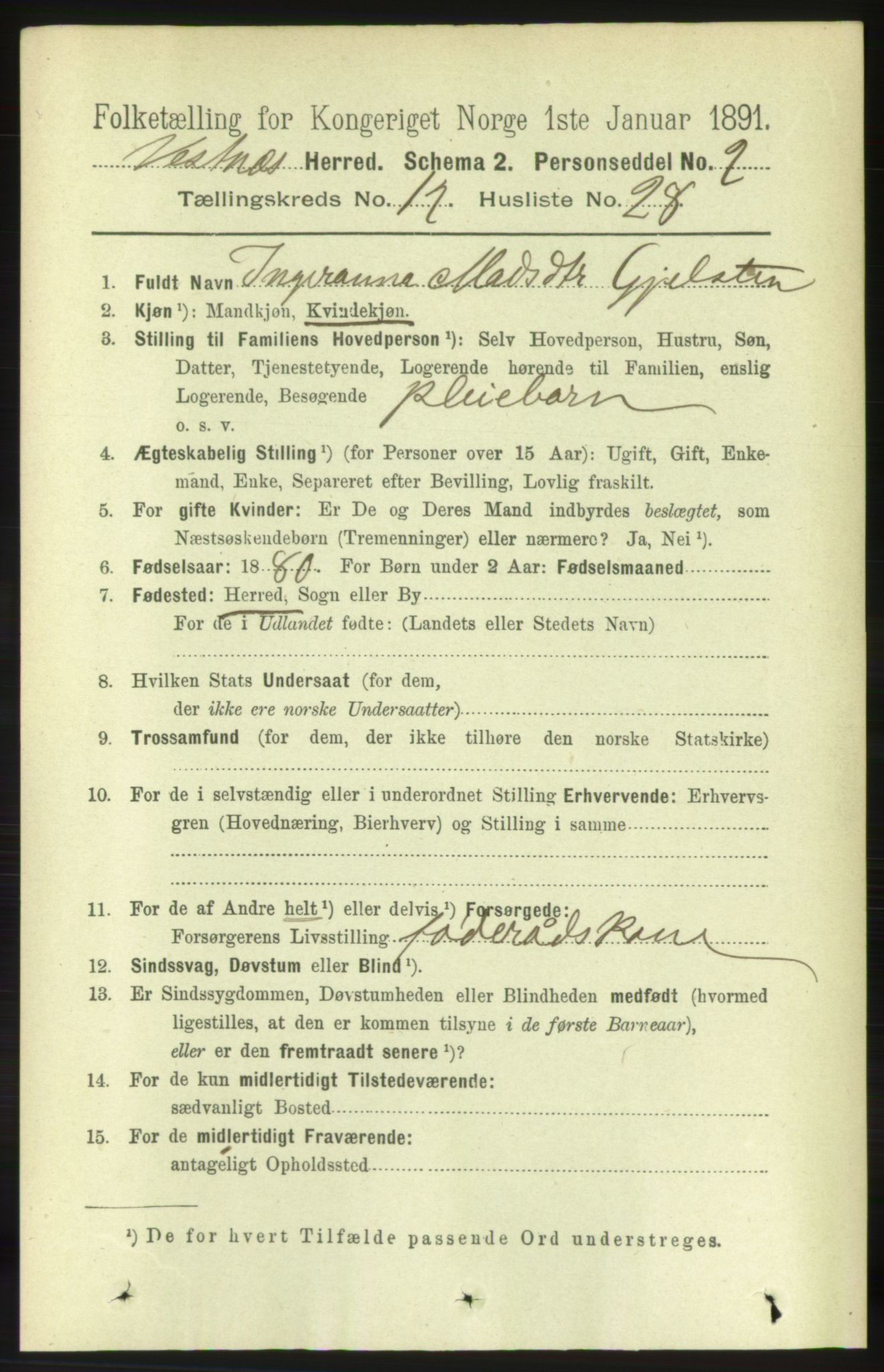 RA, 1891 census for 1535 Vestnes, 1891, p. 4575