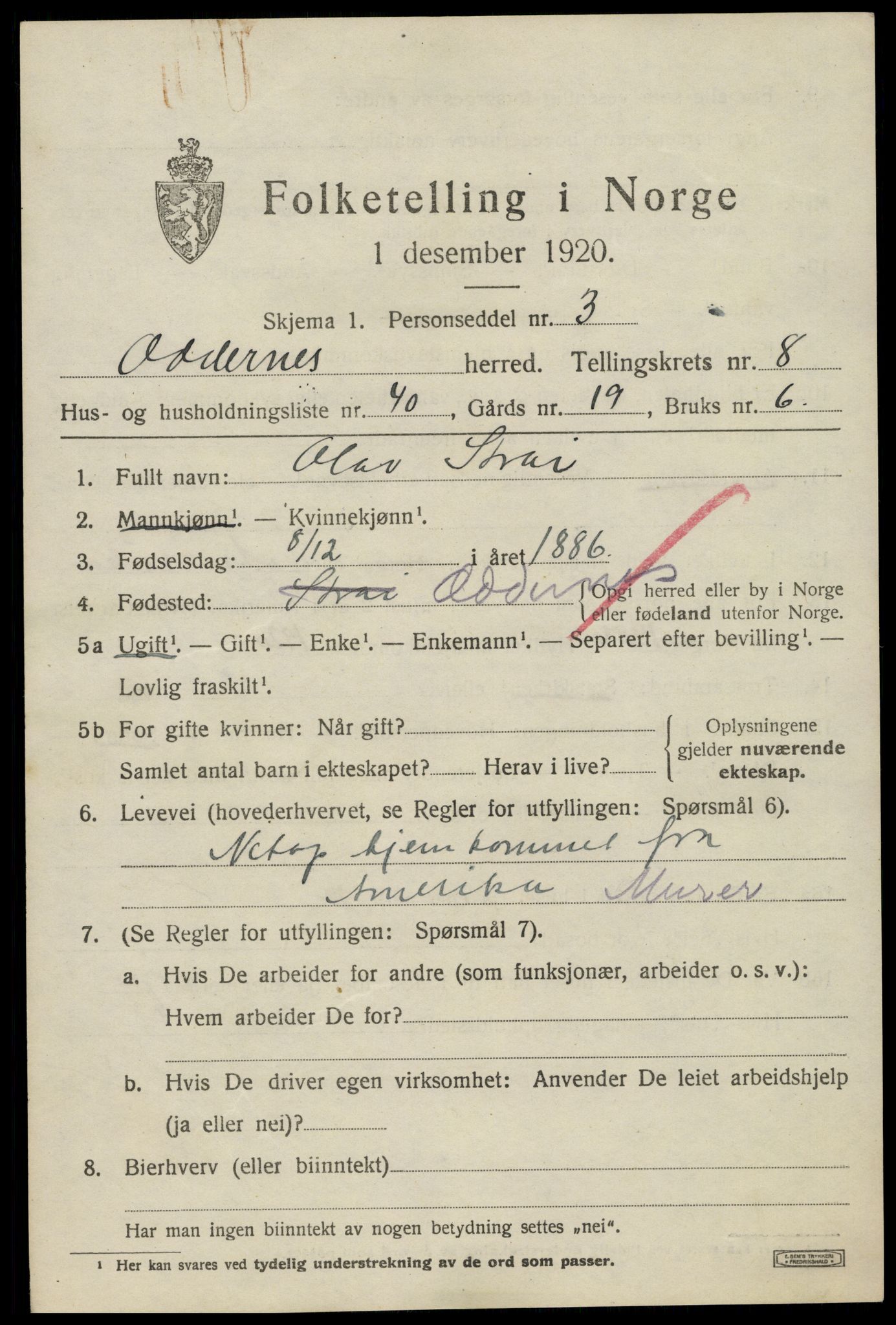 SAK, 1920 census for Oddernes, 1920, p. 6037