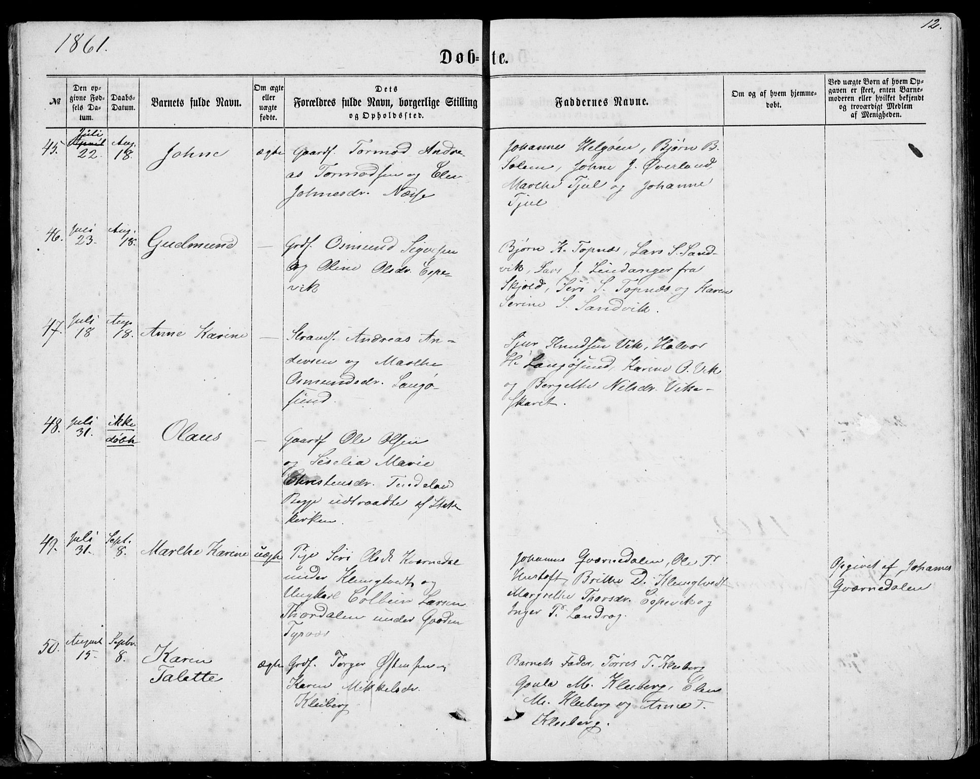 Nedstrand sokneprestkontor, AV/SAST-A-101841/01/IV: Parish register (official) no. A 9, 1861-1876, p. 12