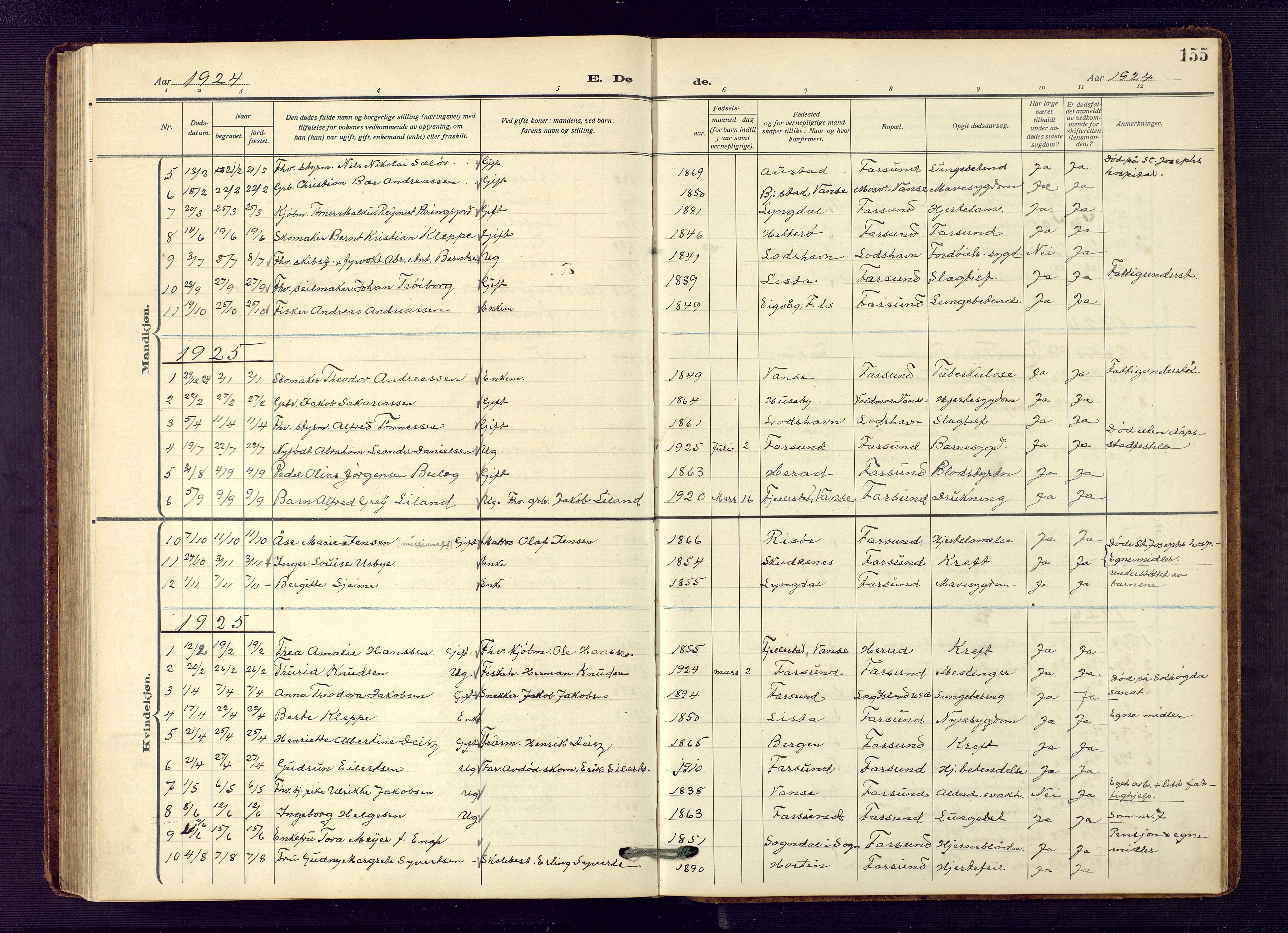 Farsund sokneprestkontor, AV/SAK-1111-0009/F/Fb/L0002: Parish register (copy) no. B 2, 1914-1958, p. 155