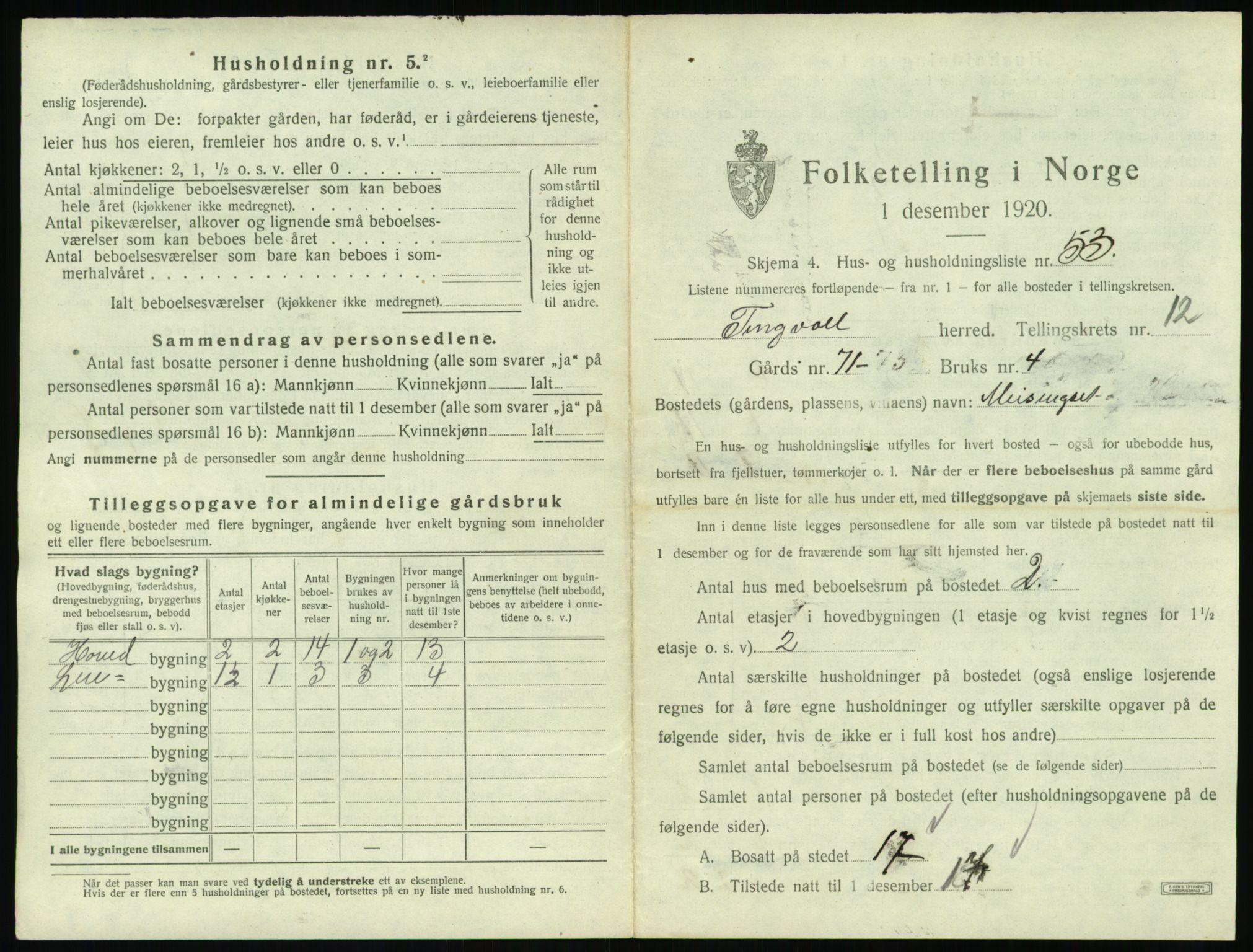 SAT, 1920 census for Tingvoll, 1920, p. 960