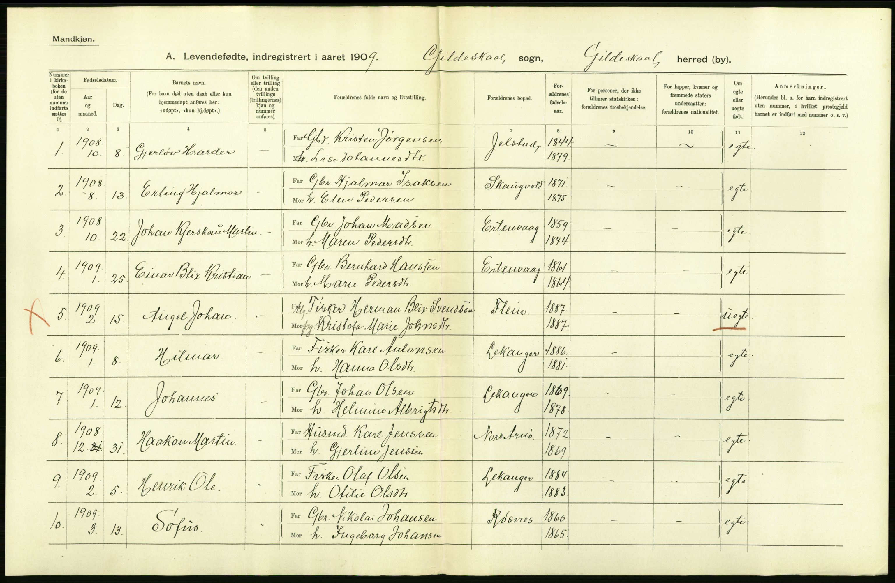 Statistisk sentralbyrå, Sosiodemografiske emner, Befolkning, AV/RA-S-2228/D/Df/Dfa/Dfag/L0044: Nordlands amt: Levendefødte menn og kvinner. Bygder., 1909, p. 2