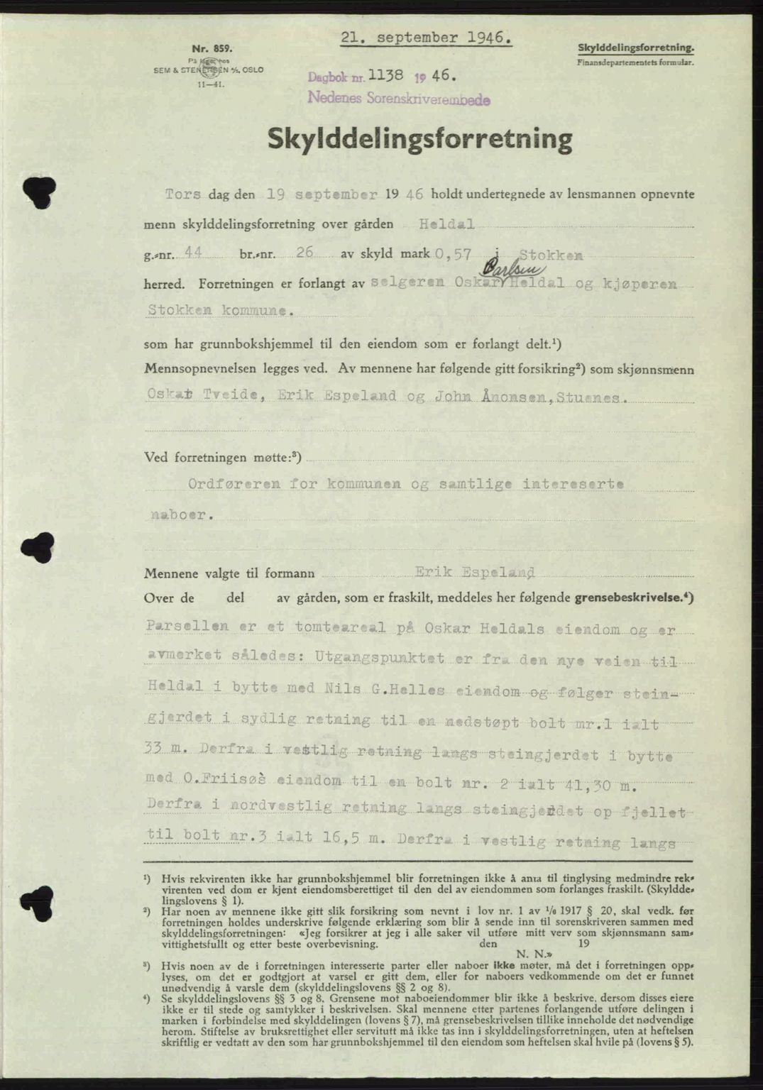 Nedenes sorenskriveri, AV/SAK-1221-0006/G/Gb/Gba/L0056: Mortgage book no. A8, 1946-1947, Diary no: : 1138/1946