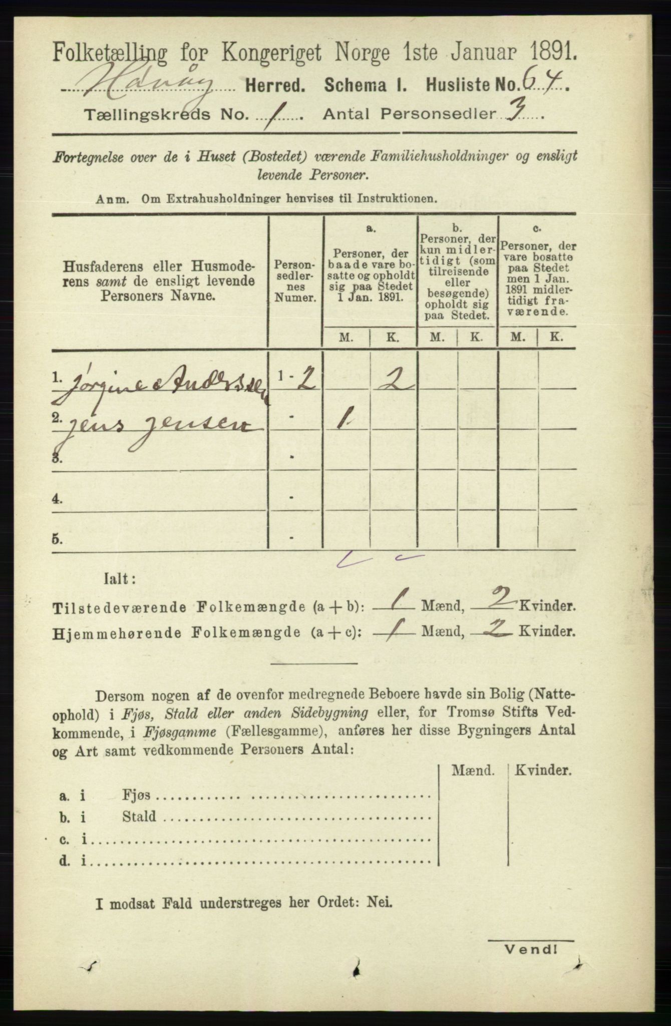 RA, 1891 census for 0927 Høvåg, 1891, p. 82