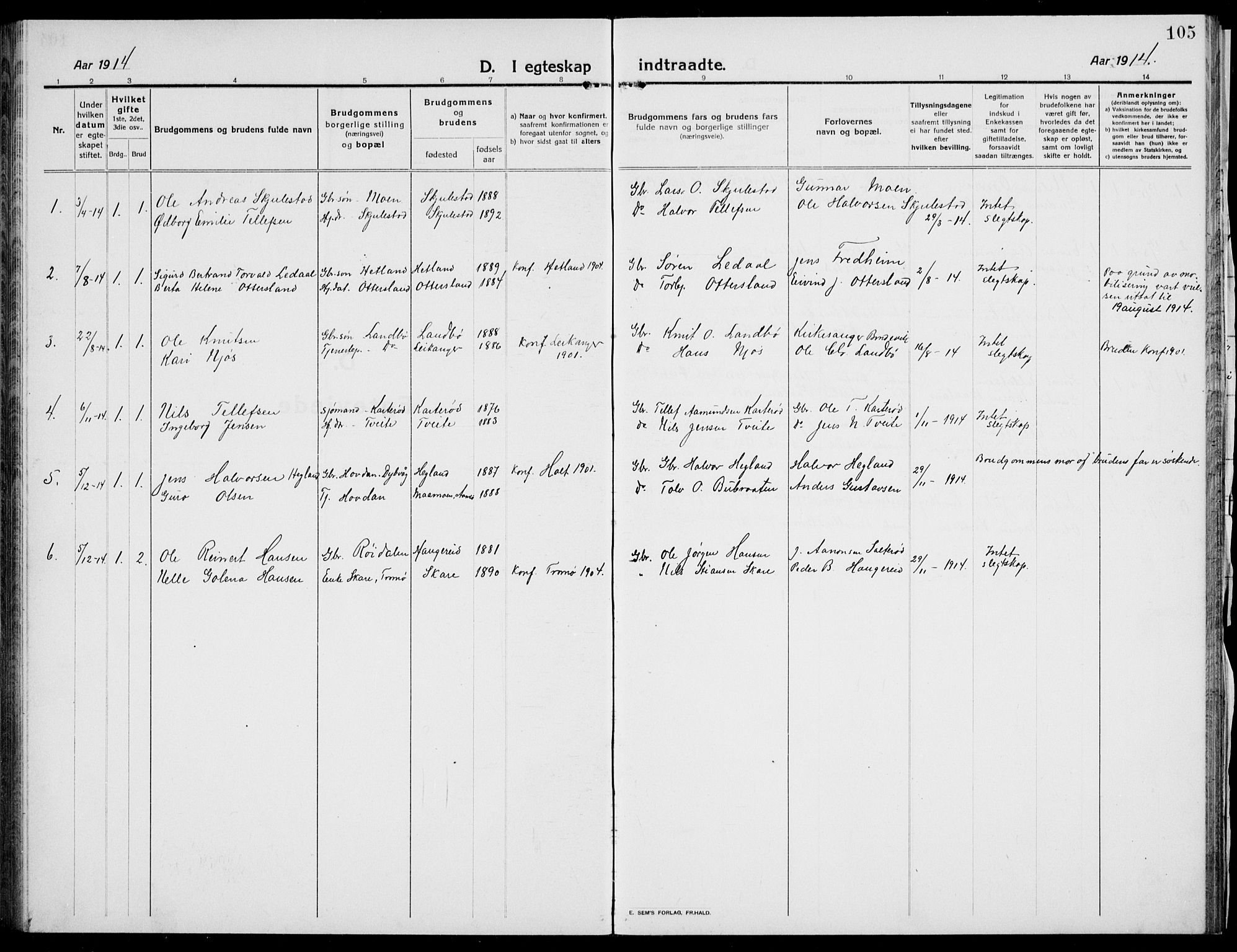 Austre Moland sokneprestkontor, SAK/1111-0001/F/Fb/Fba/L0005: Parish register (copy) no. B 4b, 1914-1935, p. 105