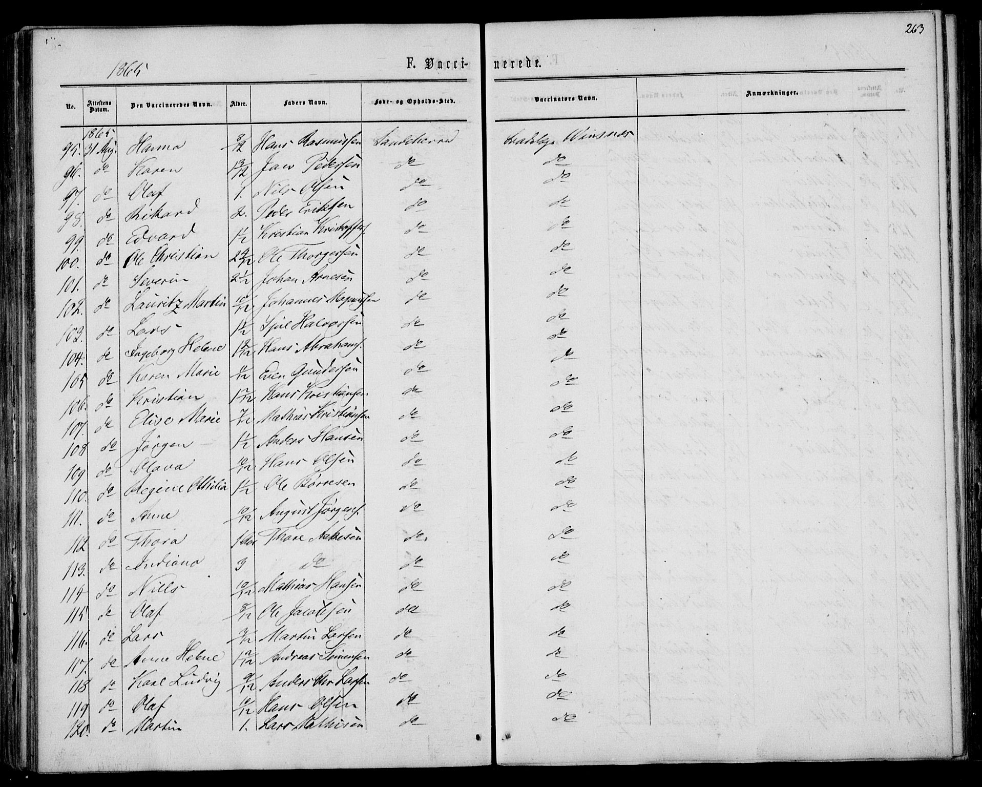 Sandar kirkebøker, AV/SAKO-A-243/F/Fa/L0009: Parish register (official) no. 9, 1862-1871, p. 263