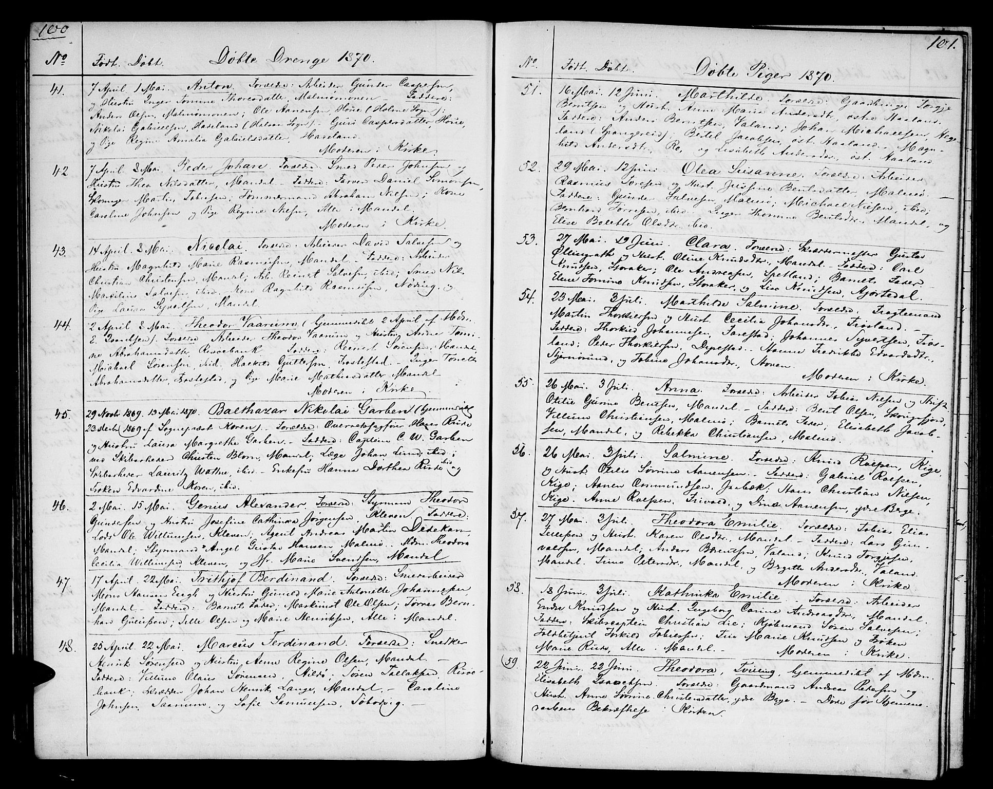 Mandal sokneprestkontor, SAK/1111-0030/F/Fb/Fba/L0009: Parish register (copy) no. B 3, 1867-1877, p. 100-101