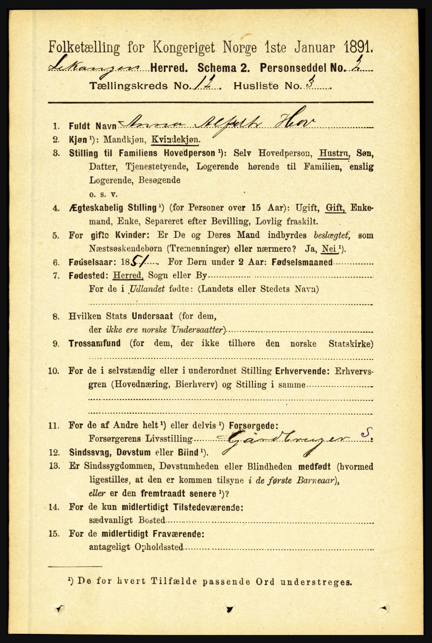 RA, 1891 census for 1419 Leikanger, 1891, p. 2352