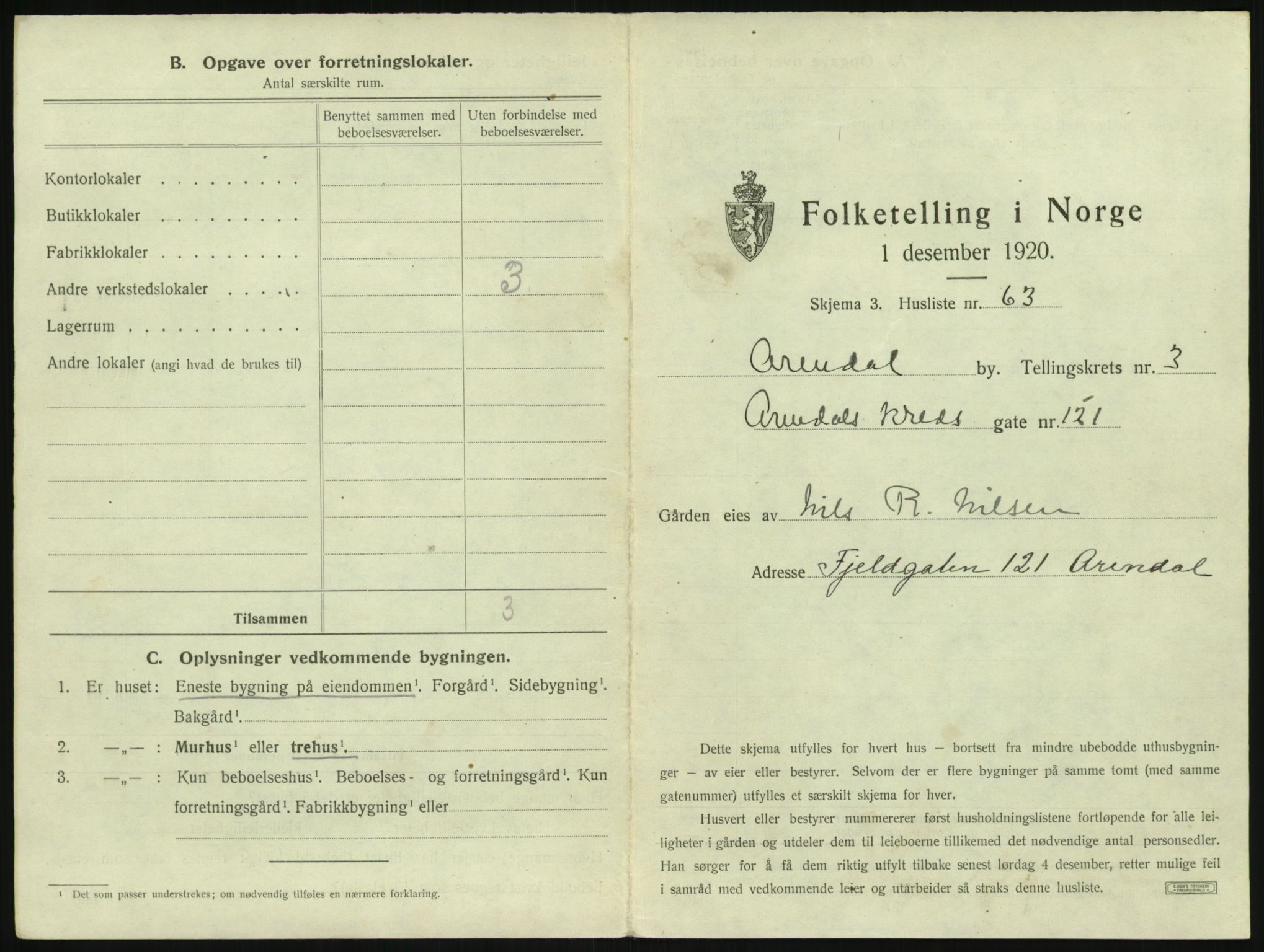 SAK, 1920 census for Arendal, 1920, p. 452