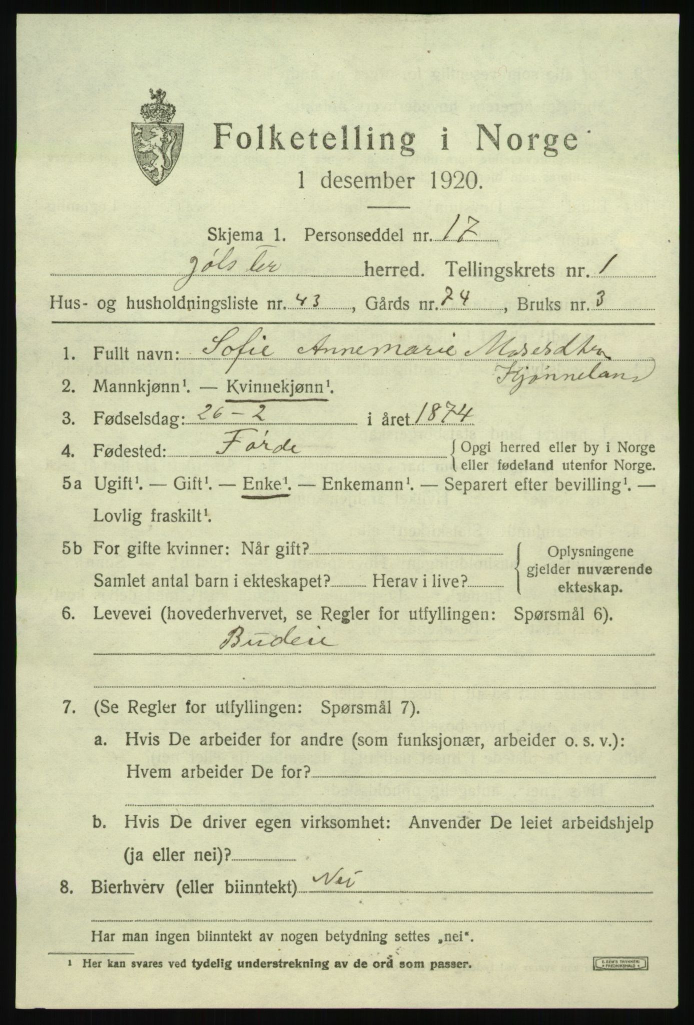 SAB, 1920 census for Jølster, 1920, p. 1566