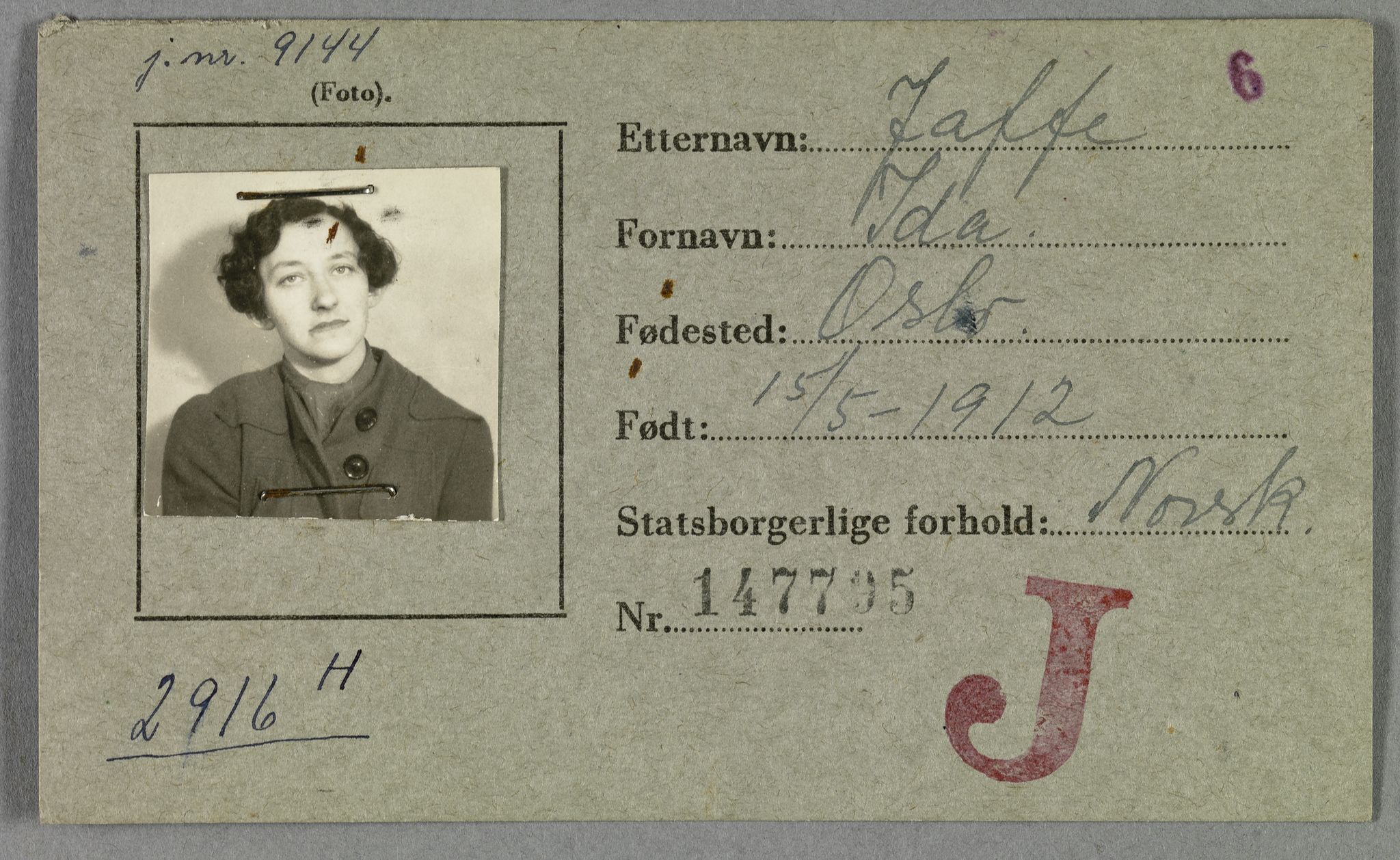 Sosialdepartementet, Våre Falne, RA/S-1708/E/Ee/L0021A: Fotografier av jøder på legitimasjonskort (1941-42), 1941-1942, p. 177