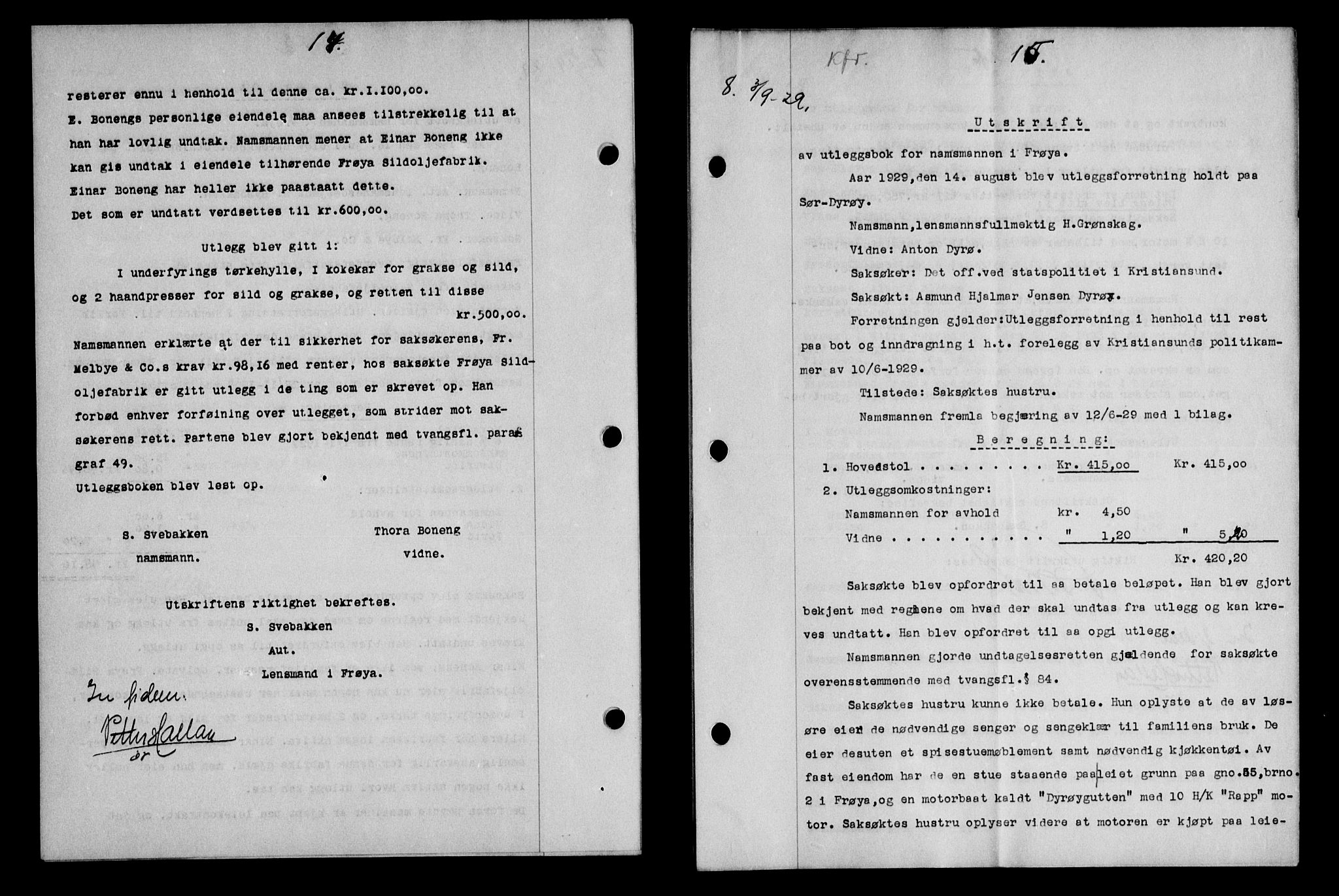 Hitra sorenskriveri, AV/SAT-A-0018/2/2C/2Ca/L0013: Mortgage book no. 13, 1929-1929, p. 14-15