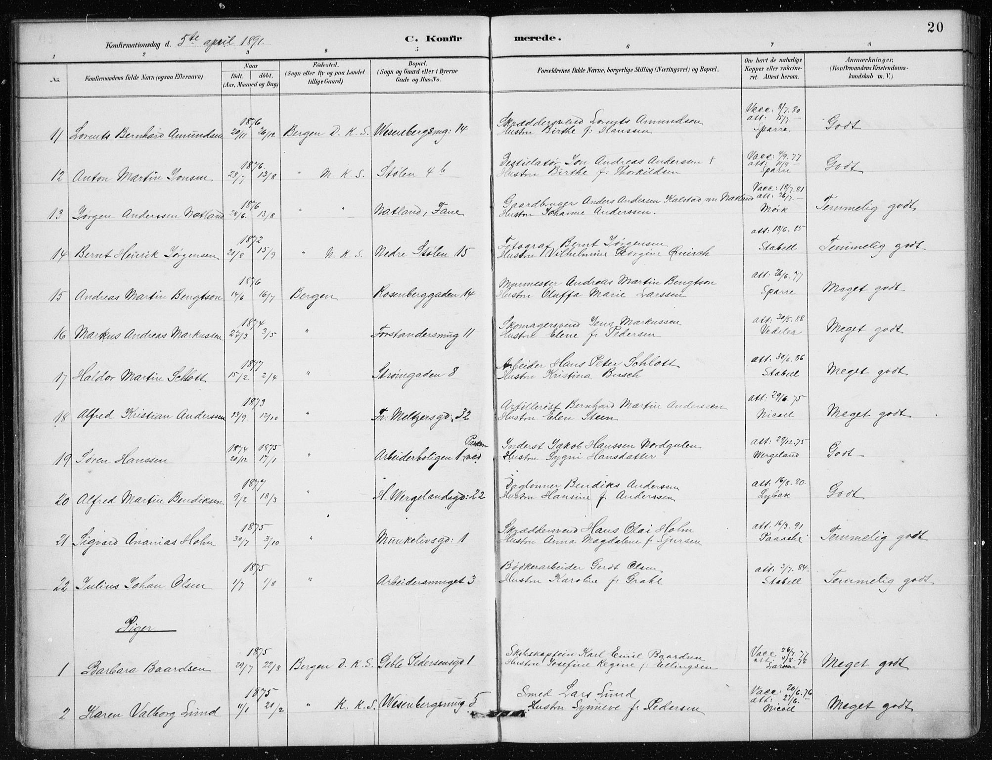 Mariakirken Sokneprestembete, AV/SAB-A-76901/H/Haa/L0013: Parish register (official) no. C 1, 1889-1900, p. 20