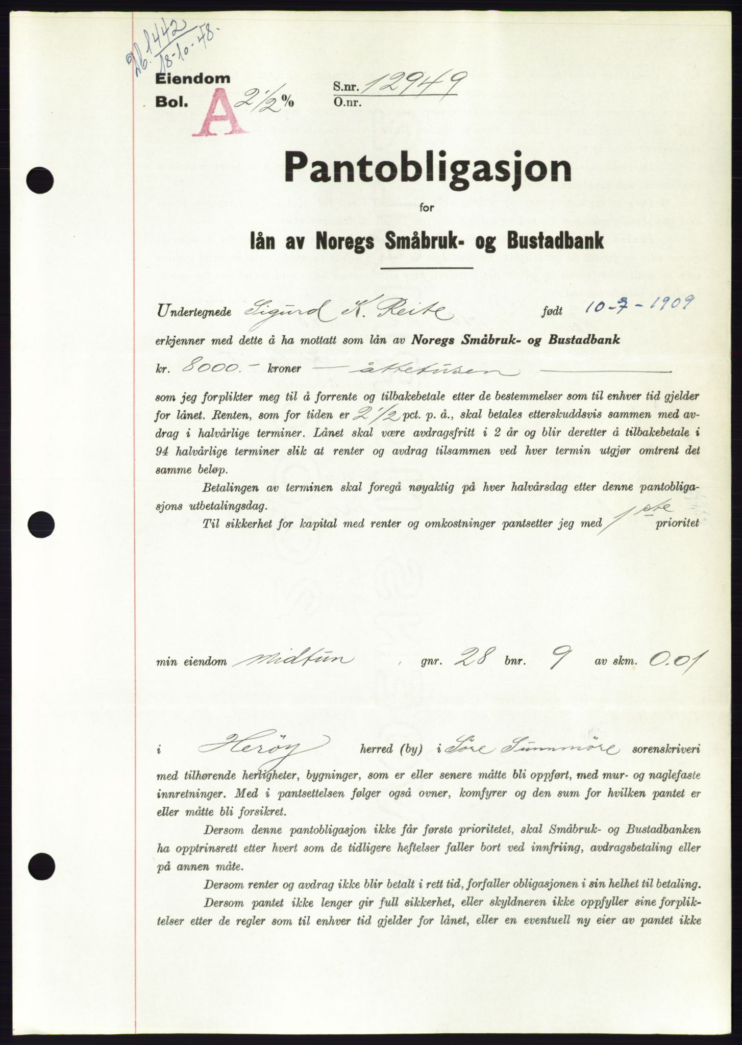 Søre Sunnmøre sorenskriveri, AV/SAT-A-4122/1/2/2C/L0116: Mortgage book no. 4B, 1948-1949, Diary no: : 1442/1948