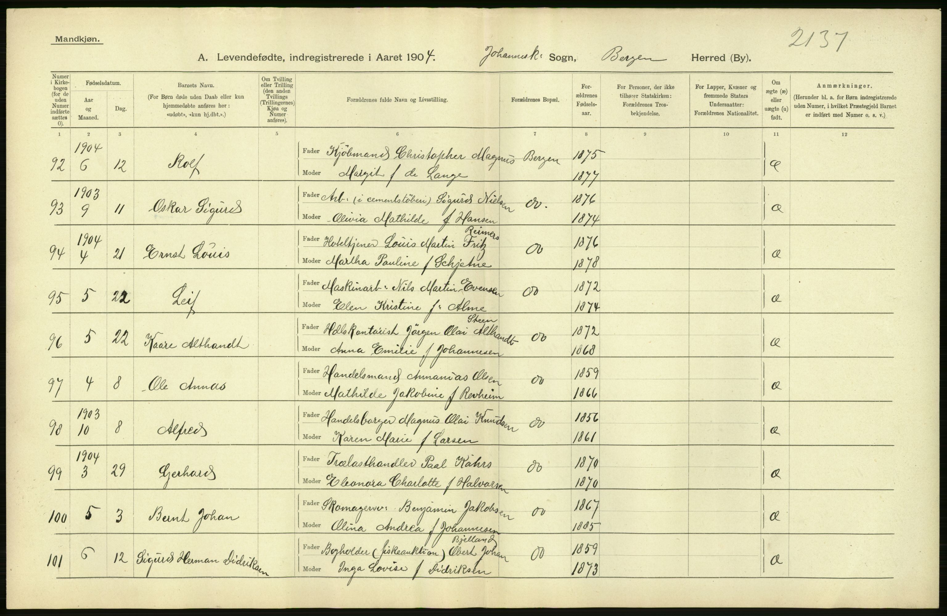 Statistisk sentralbyrå, Sosiodemografiske emner, Befolkning, AV/RA-S-2228/D/Df/Dfa/Dfab/L0014: Bergen: Fødte, gifte, døde, 1904, p. 24