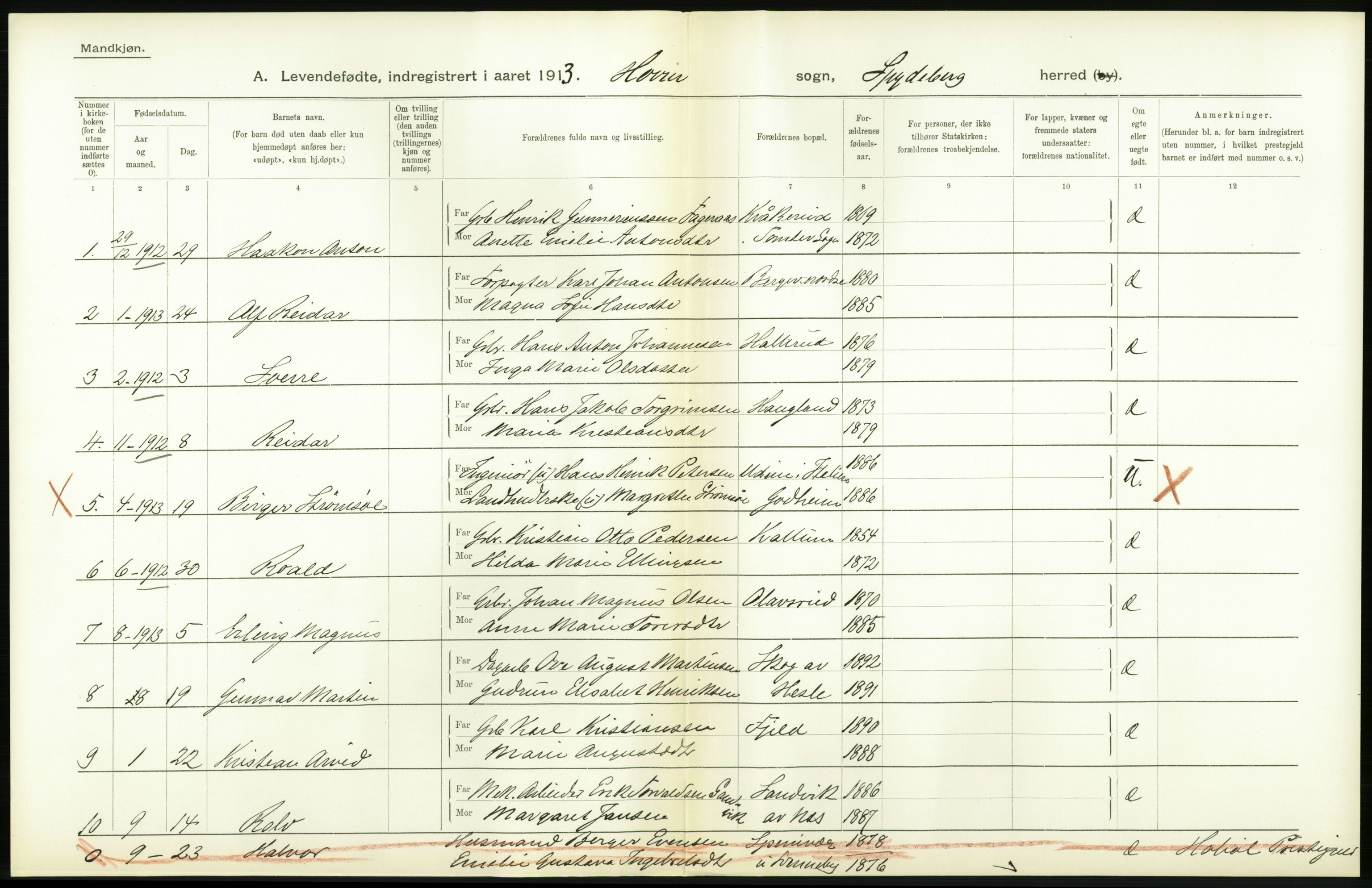 Statistisk sentralbyrå, Sosiodemografiske emner, Befolkning, AV/RA-S-2228/D/Df/Dfb/Dfbc/L0001: Smålenenes amt: Levendefødte menn og kvinner. Bygder., 1913, p. 90