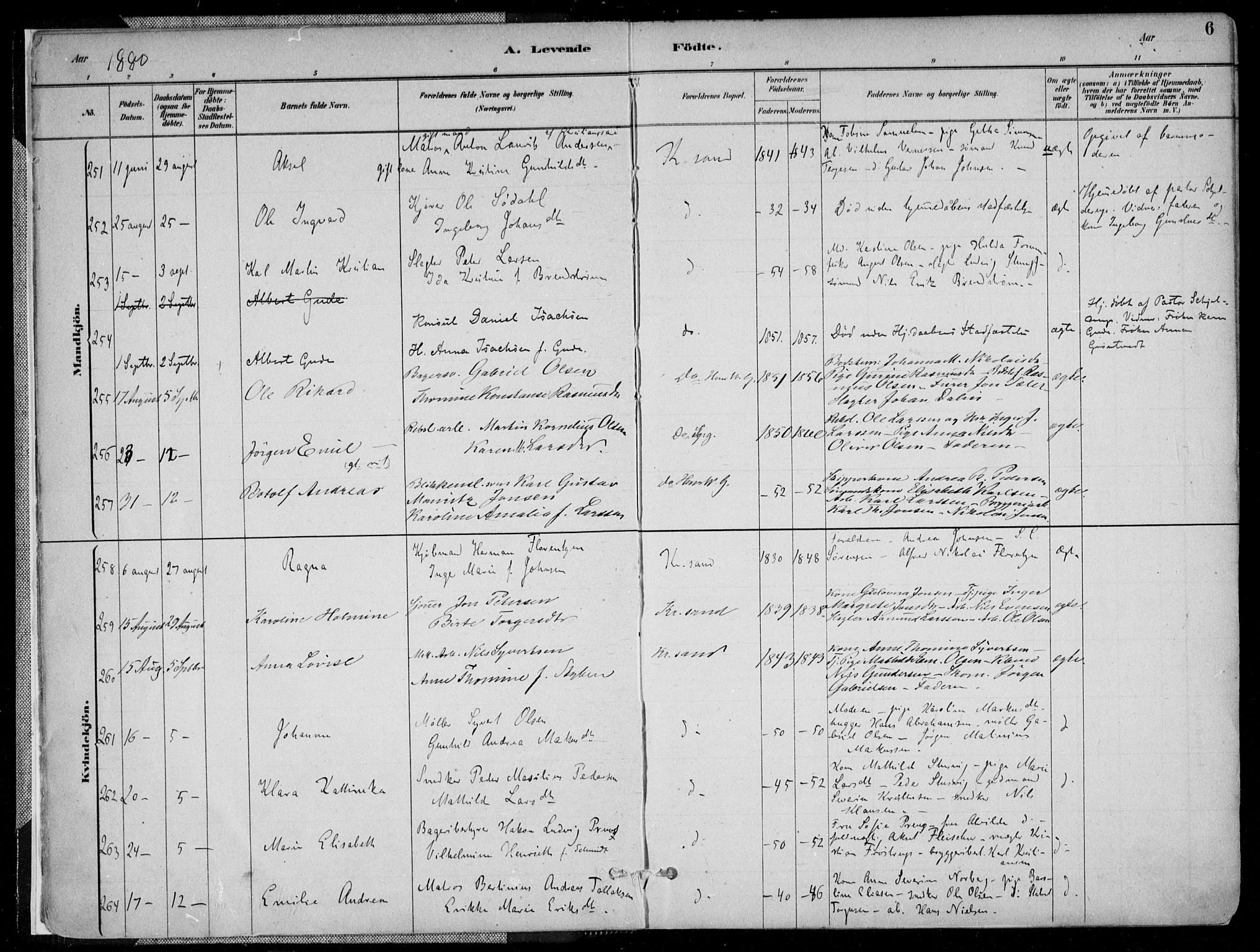 Kristiansand domprosti, AV/SAK-1112-0006/F/Fa/L0016: Parish register (official) no. A 16A, 1880-1890, p. 6