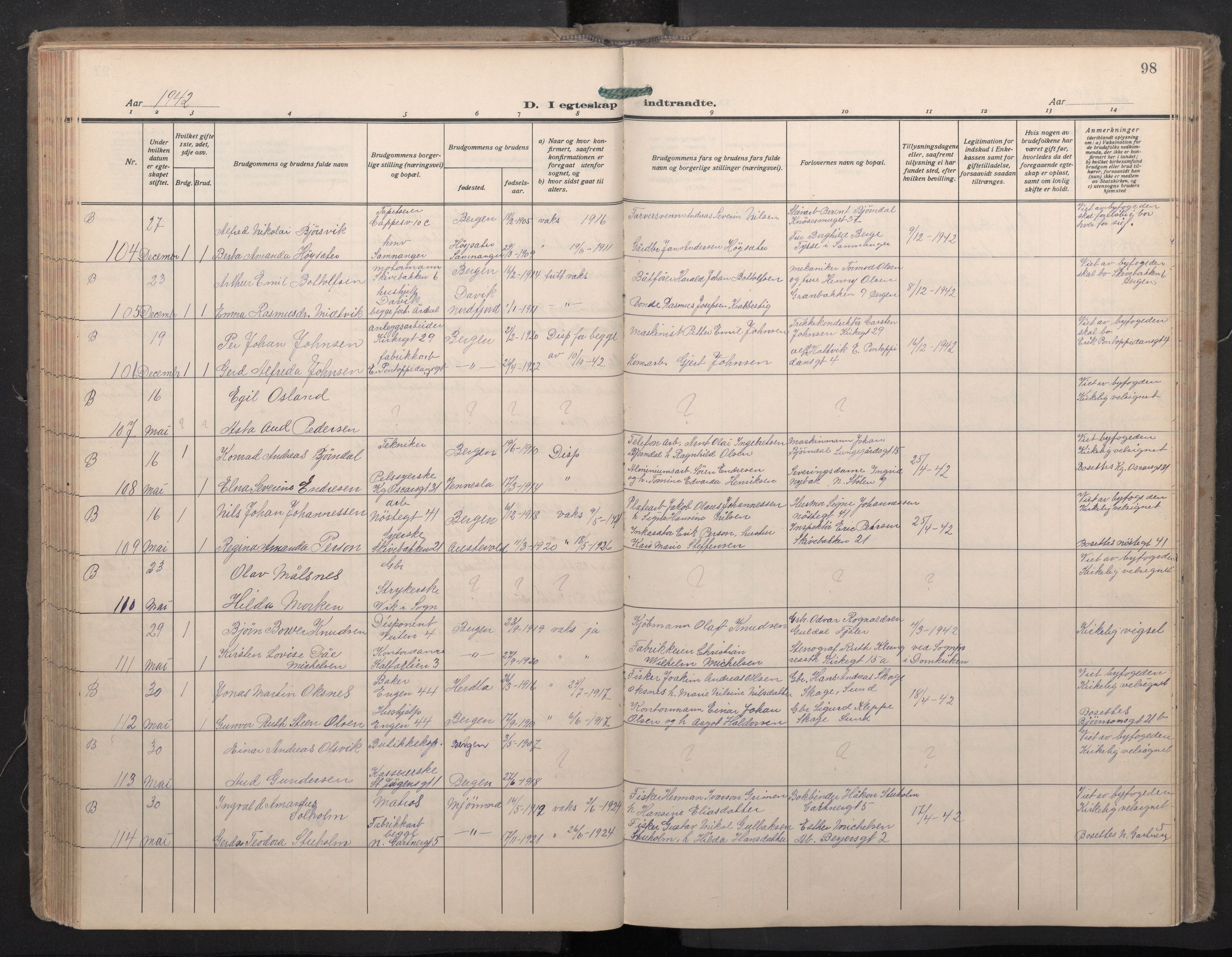 Domkirken sokneprestembete, SAB/A-74801/H/Haa: Parish register (official) no. D 7, 1937-1950, p. 97b-98a