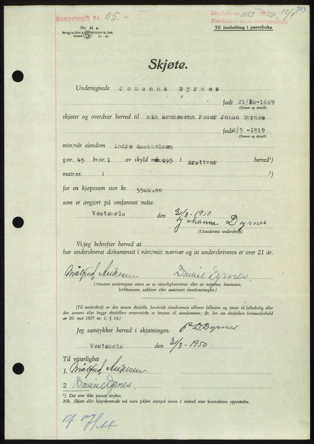 Nordmøre sorenskriveri, AV/SAT-A-4132/1/2/2Ca: Mortgage book no. A114, 1950-1950, Diary no: : 1183/1950