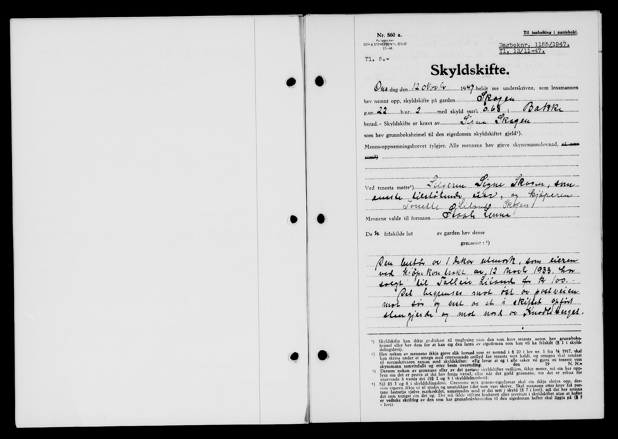 Flekkefjord sorenskriveri, SAK/1221-0001/G/Gb/Gba/L0063: Mortgage book no. A-11, 1947-1948, Diary no: : 1155/1947