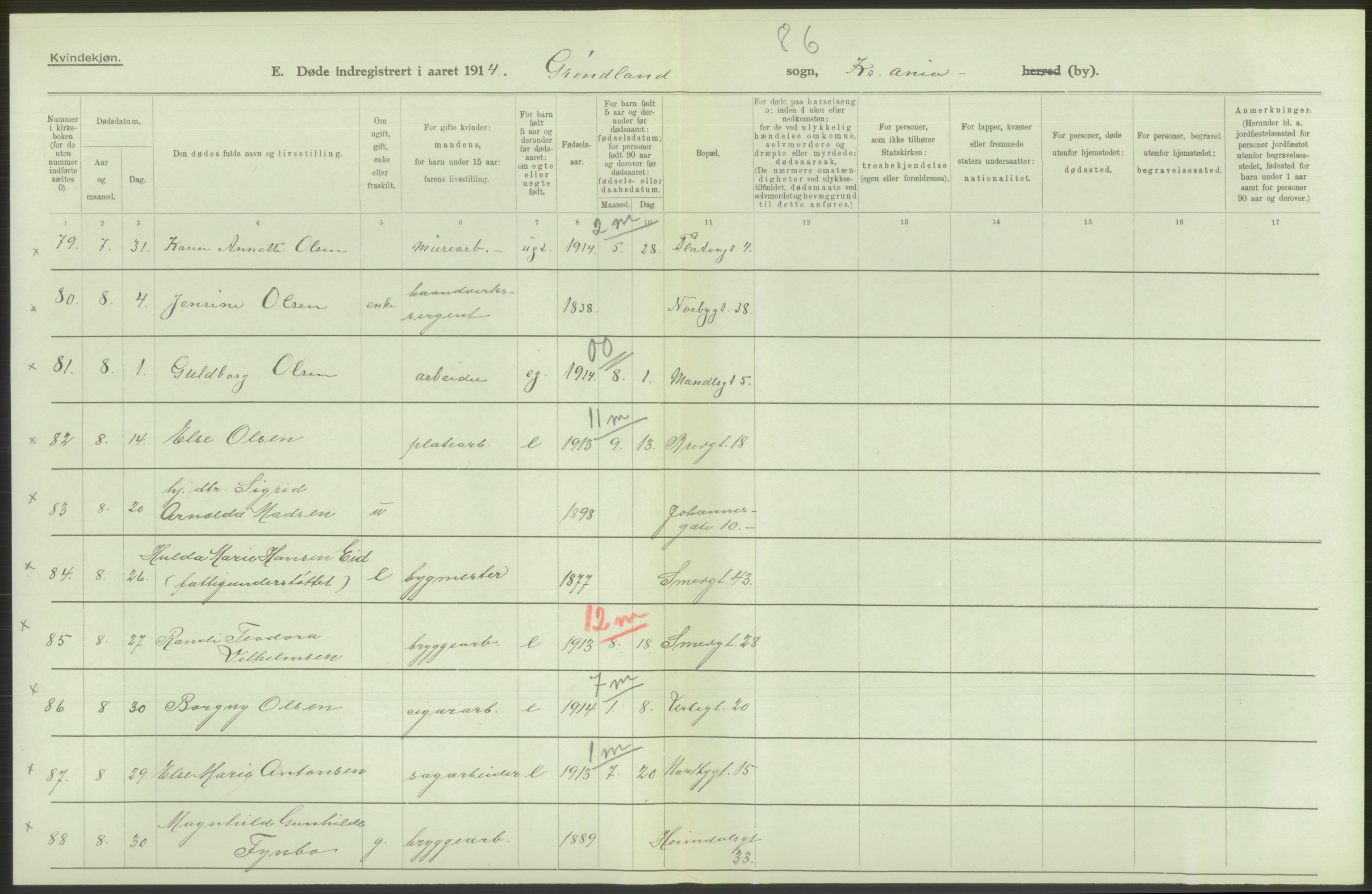 Statistisk sentralbyrå, Sosiodemografiske emner, Befolkning, AV/RA-S-2228/D/Df/Dfb/Dfbd/L0008: Kristiania: Døde, 1914, p. 526