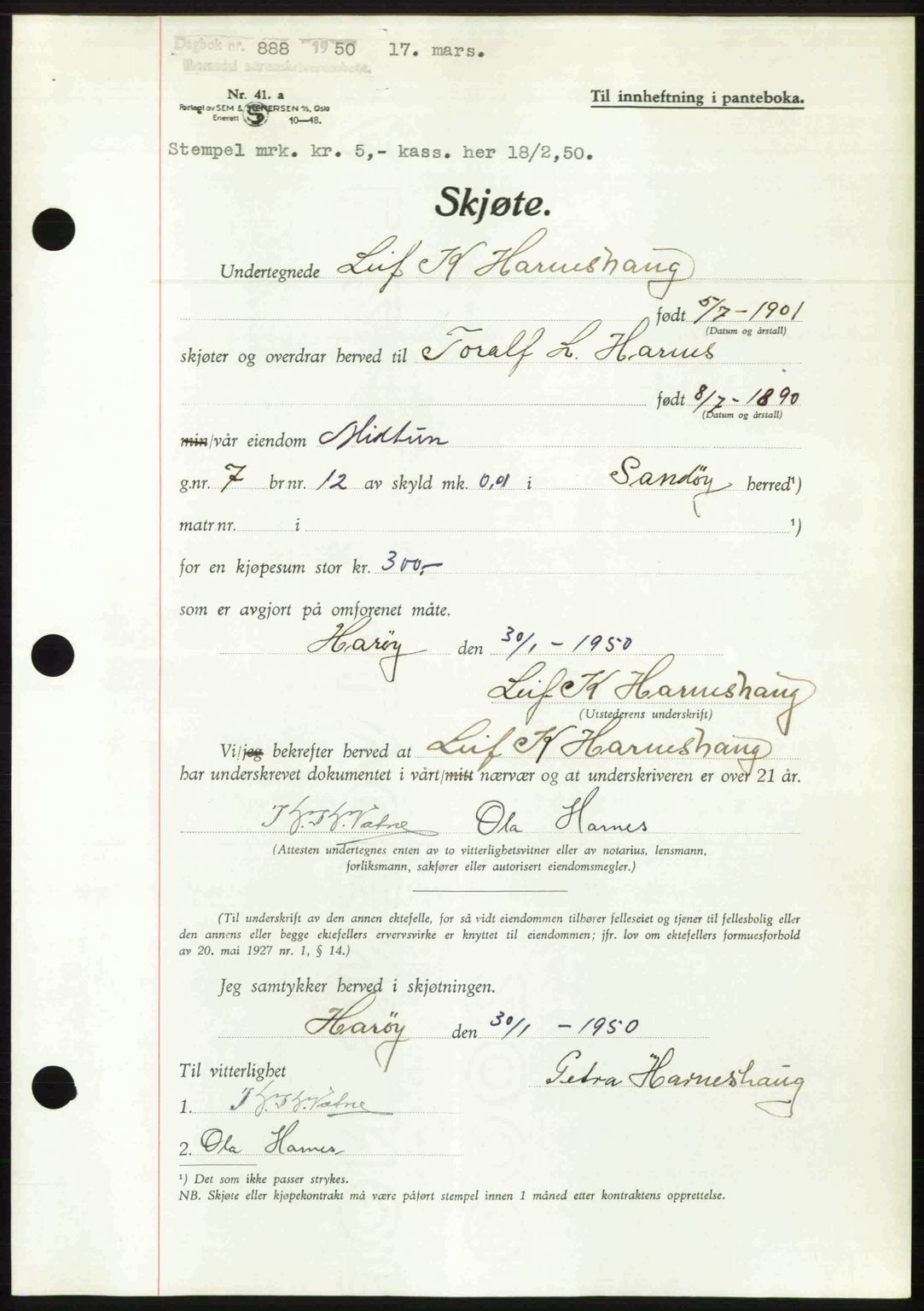 Romsdal sorenskriveri, AV/SAT-A-4149/1/2/2C: Mortgage book no. A32, 1950-1950, Diary no: : 888/1950