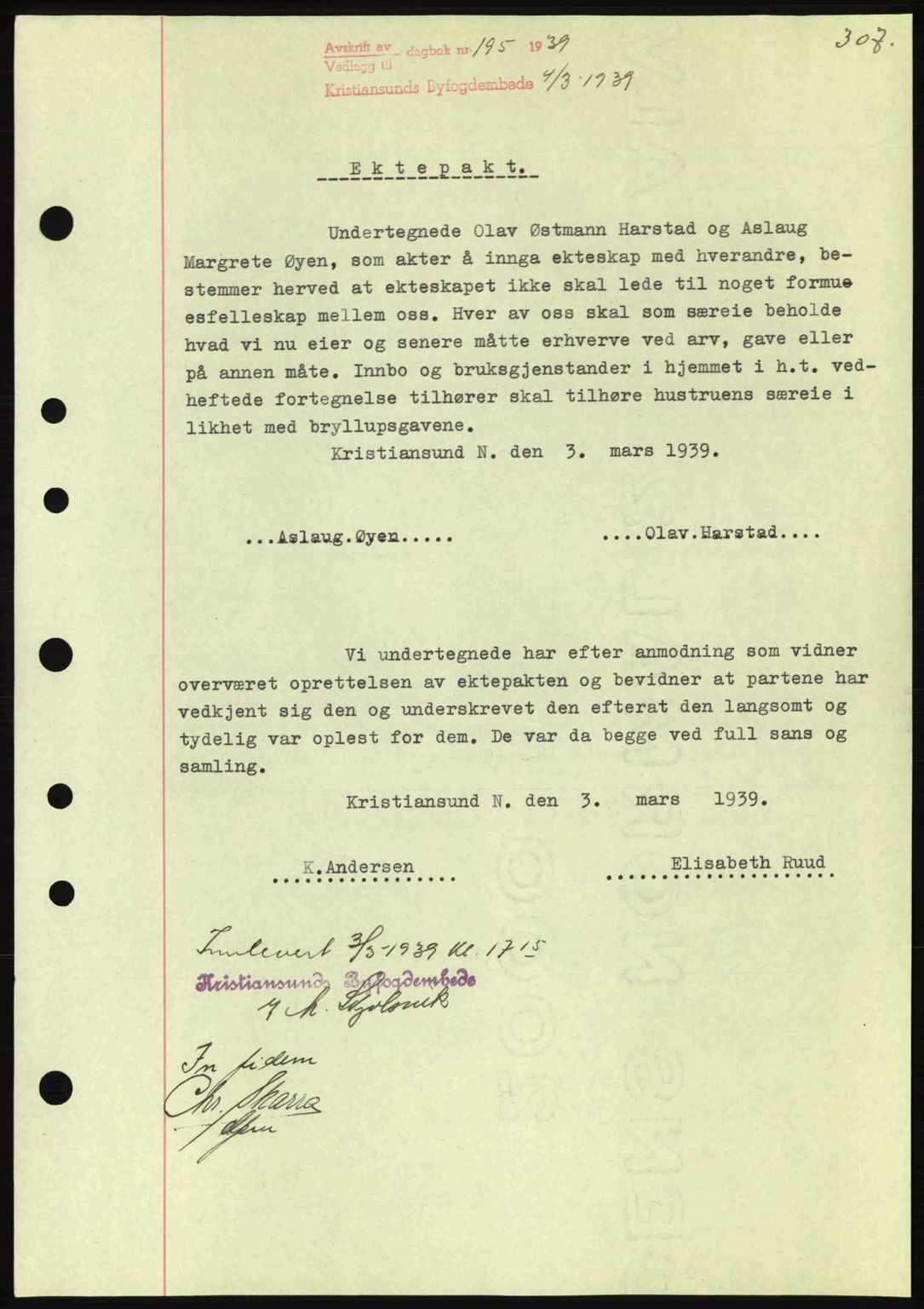 Kristiansund byfogd, SAT/A-4587/A/27: Mortgage book no. 31, 1938-1939, Diary no: : 195/1939