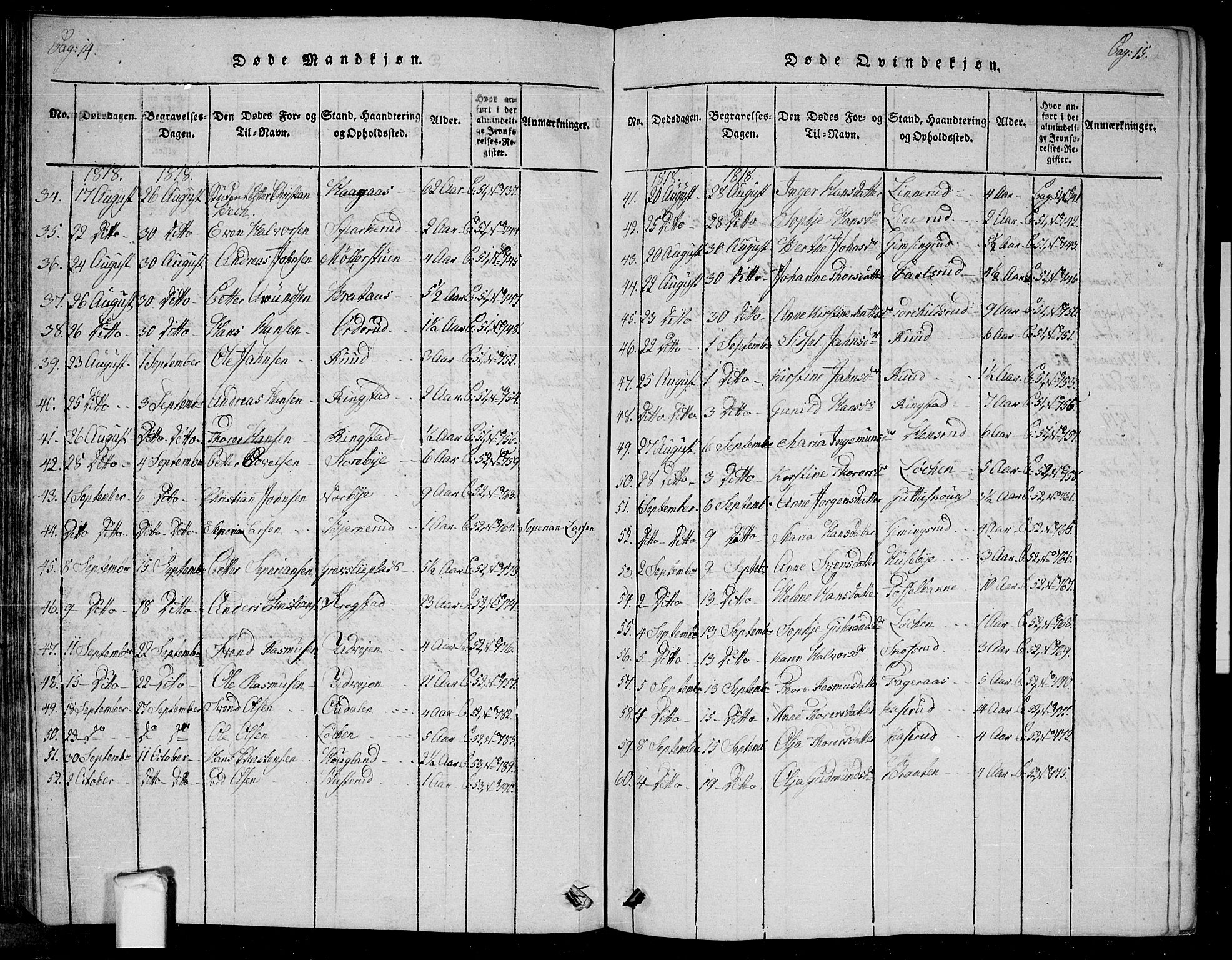 Trøgstad prestekontor Kirkebøker, AV/SAO-A-10925/G/Ga/L0001: Parish register (copy) no. I 1, 1815-1831, p. 14-15