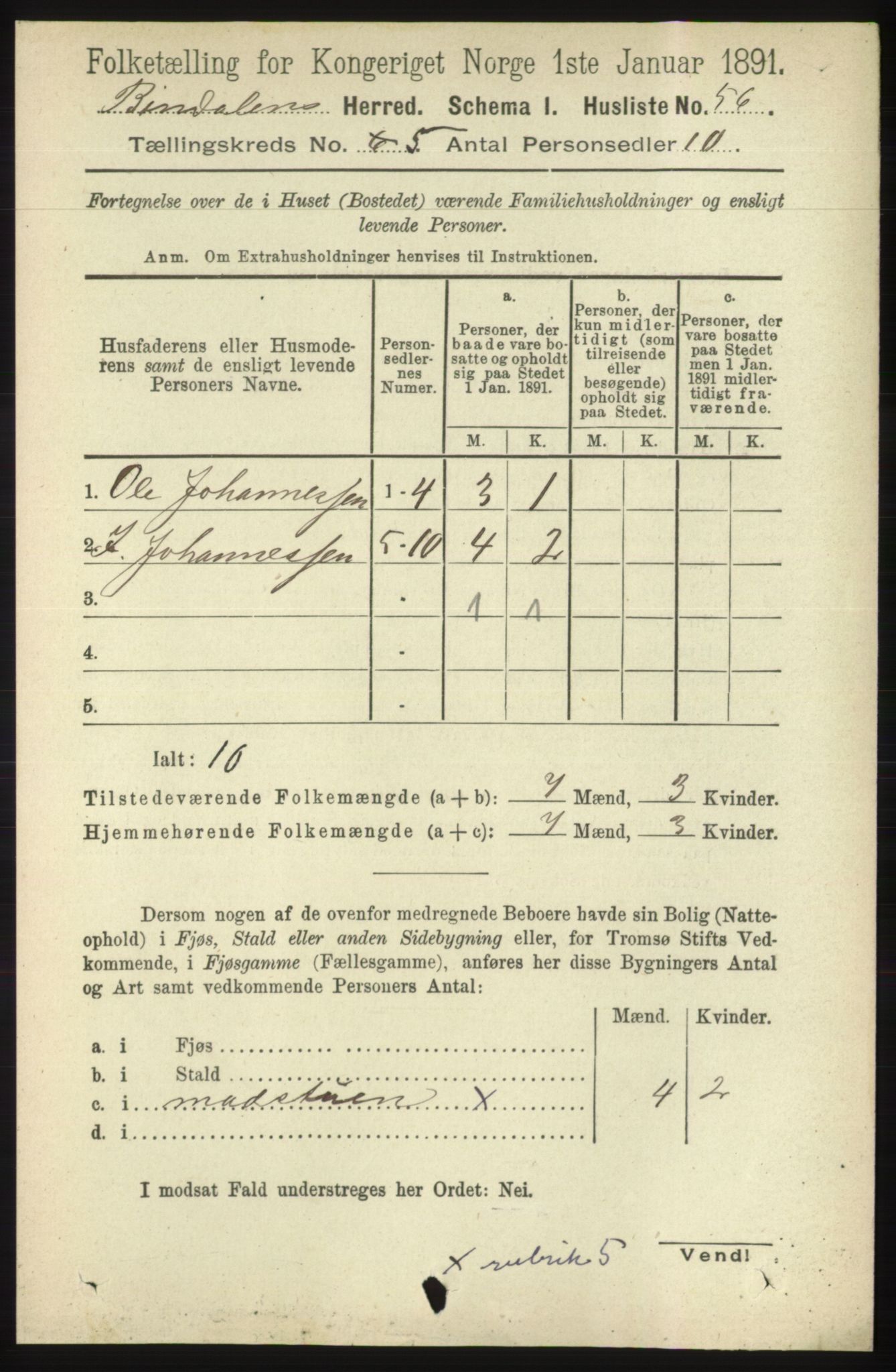 RA, 1891 census for 1811 Bindal, 1891, p. 1325