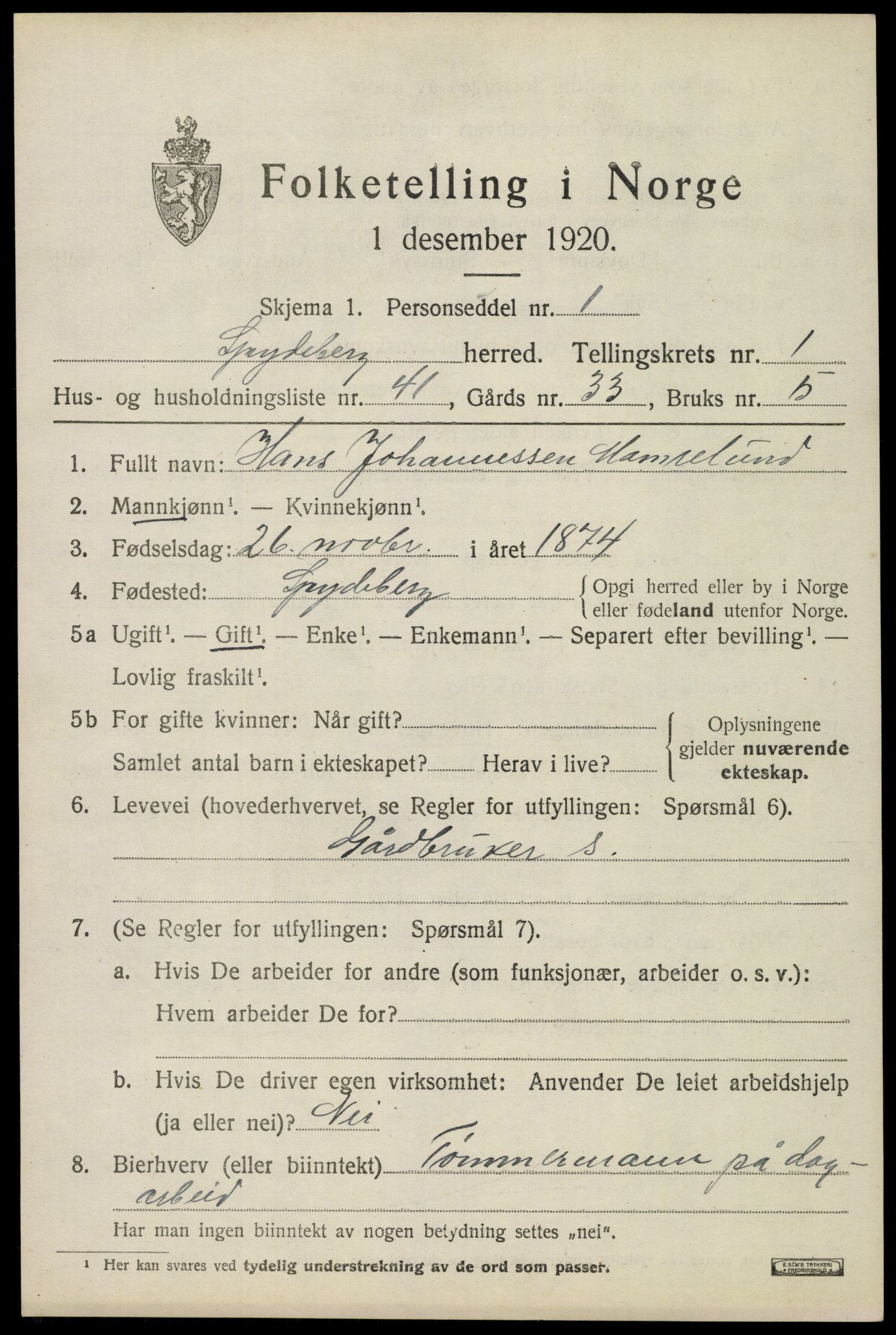 SAO, 1920 census for Spydeberg, 1920, p. 1565