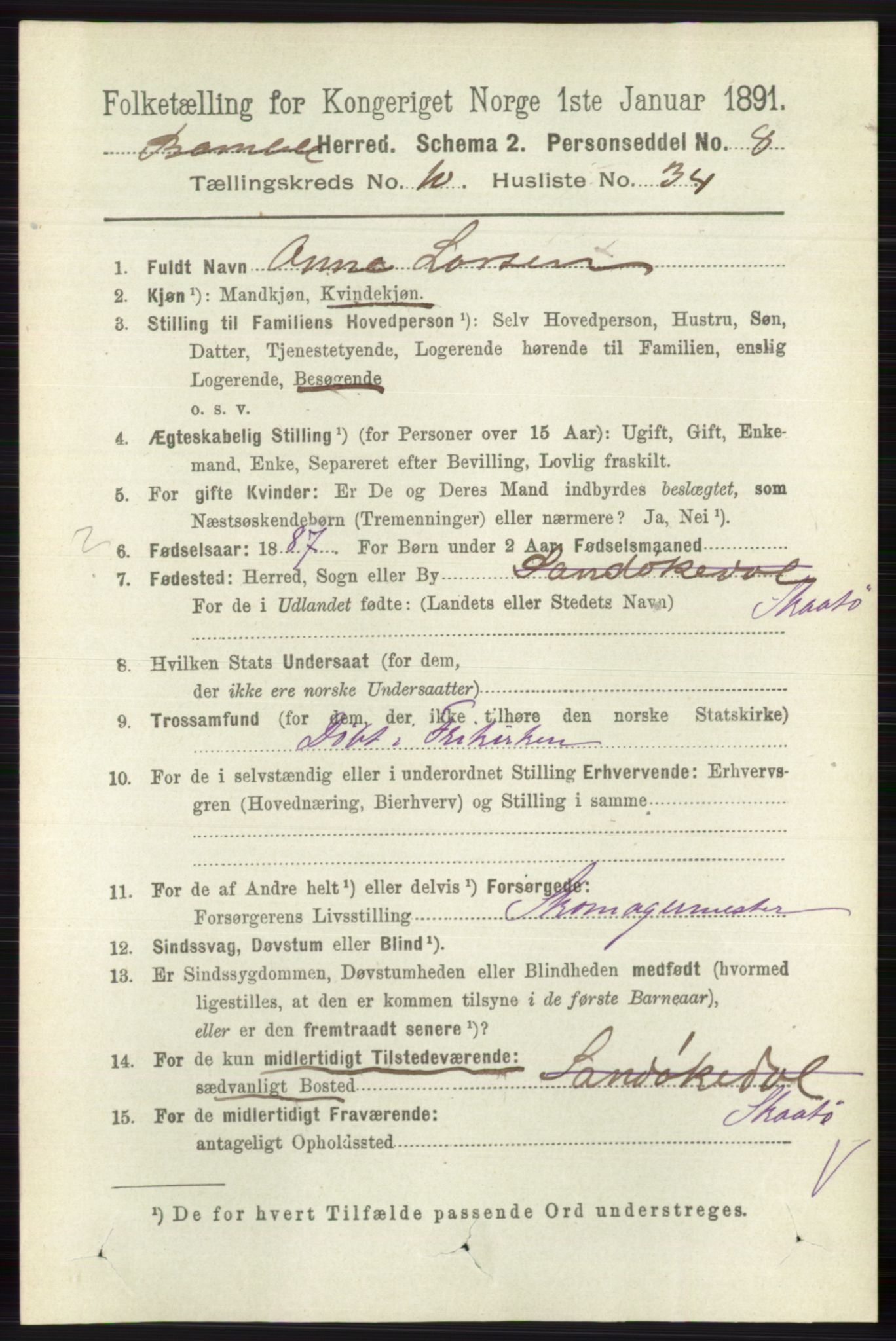 RA, 1891 census for 0814 Bamble, 1891, p. 5995