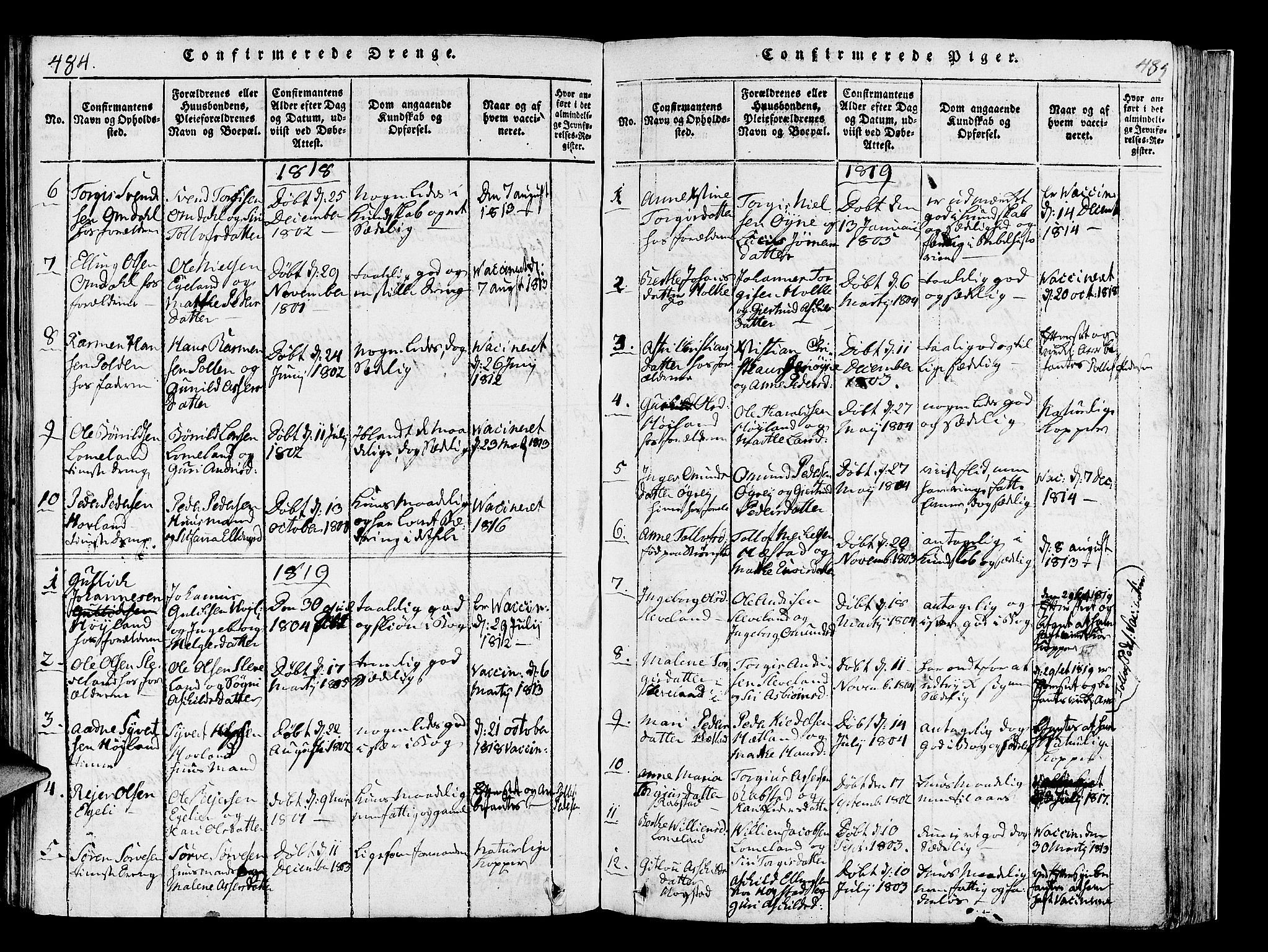 Helleland sokneprestkontor, SAST/A-101810: Parish register (official) no. A 4, 1815-1834, p. 484-485