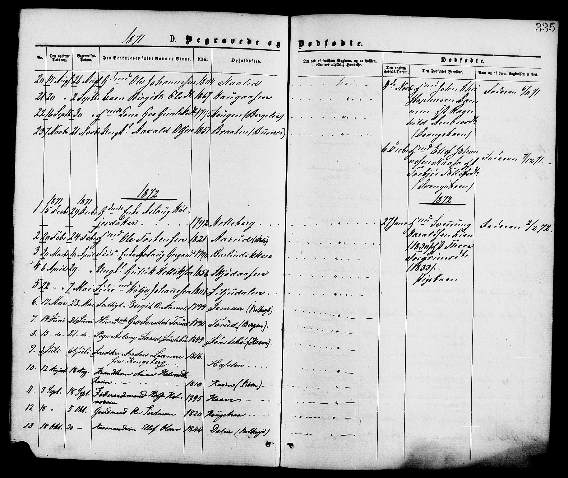 Gransherad kirkebøker, AV/SAKO-A-267/F/Fa/L0004: Parish register (official) no. I 4, 1871-1886, p. 335