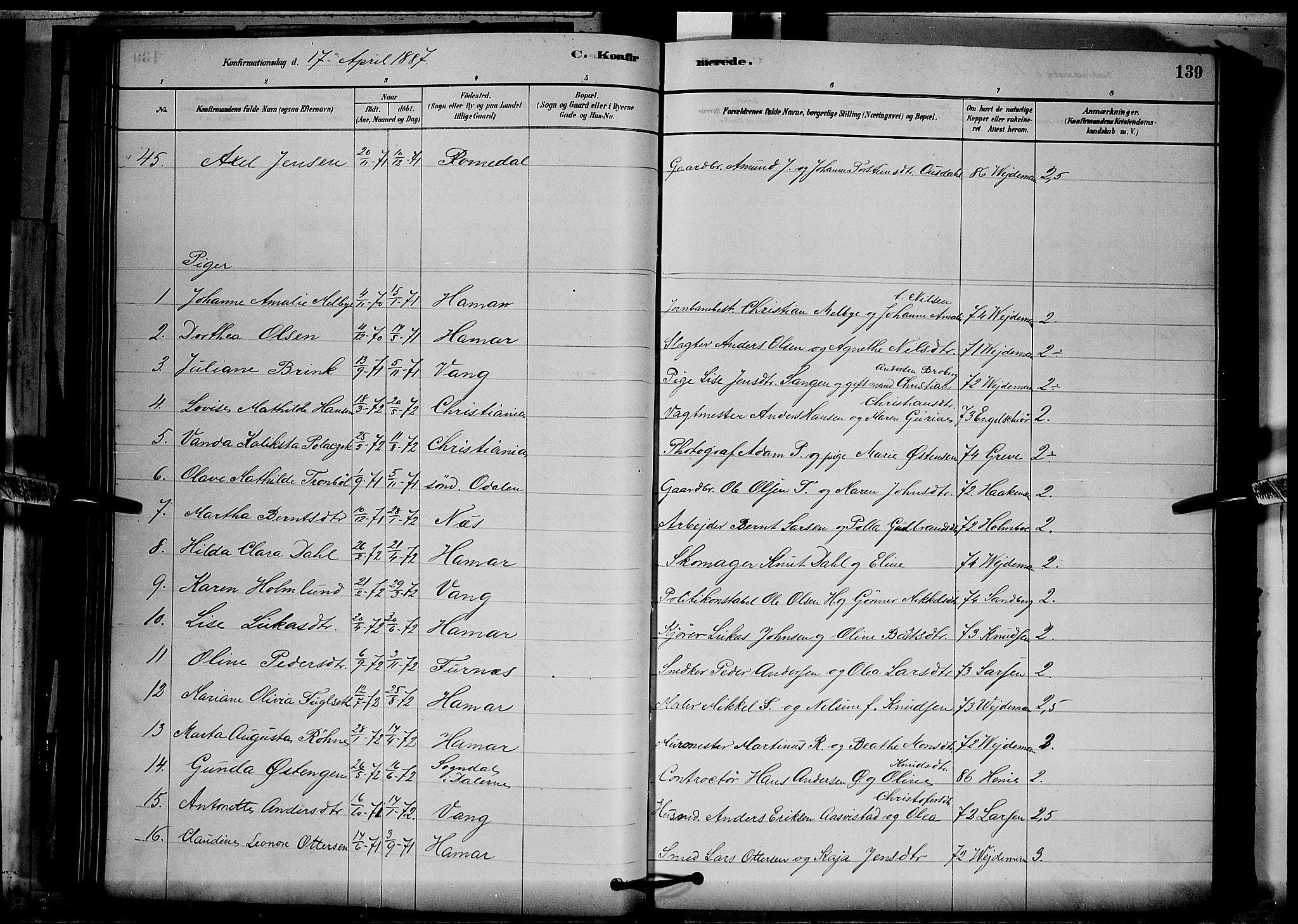 Vang prestekontor, Hedmark, AV/SAH-PREST-008/H/Ha/Hab/L0012: Parish register (copy) no. 12, 1878-1889, p. 139